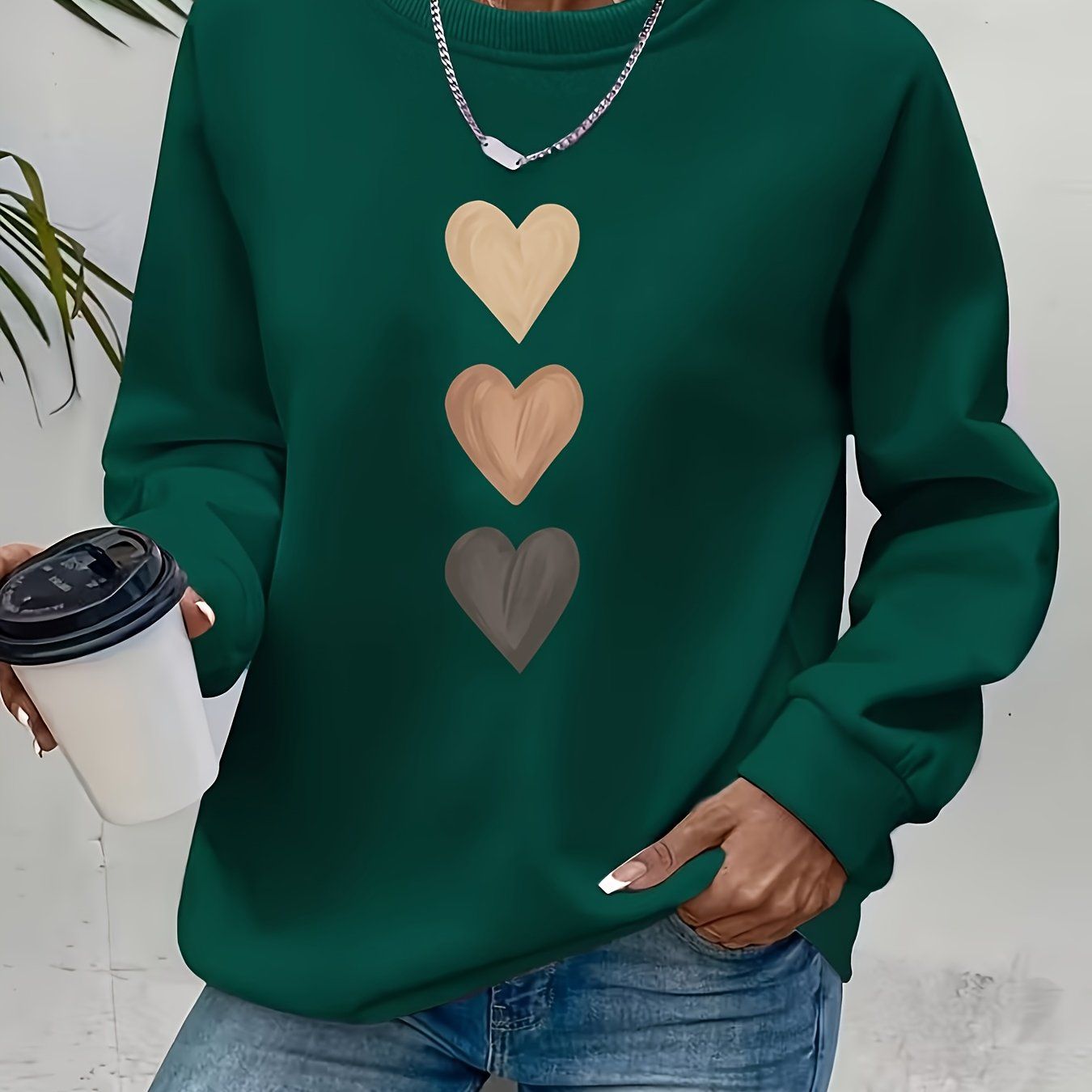 Women'S 3pcs Heart Cartoon Print Pattern Fashion Round Neck Sweatshirt Long Sleeve Round Neck Sweater   OAXG Sea Blue / S