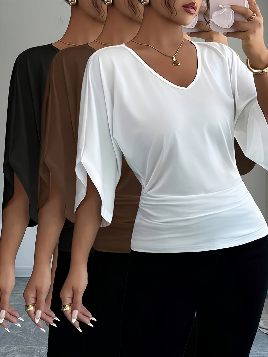 Women's 3pcs Set Batwing Sleeve V-Neck Solid Color Slim Fit Elegant Commuting Short Sleeve T-Shirt   OAXG White+brown+black / S