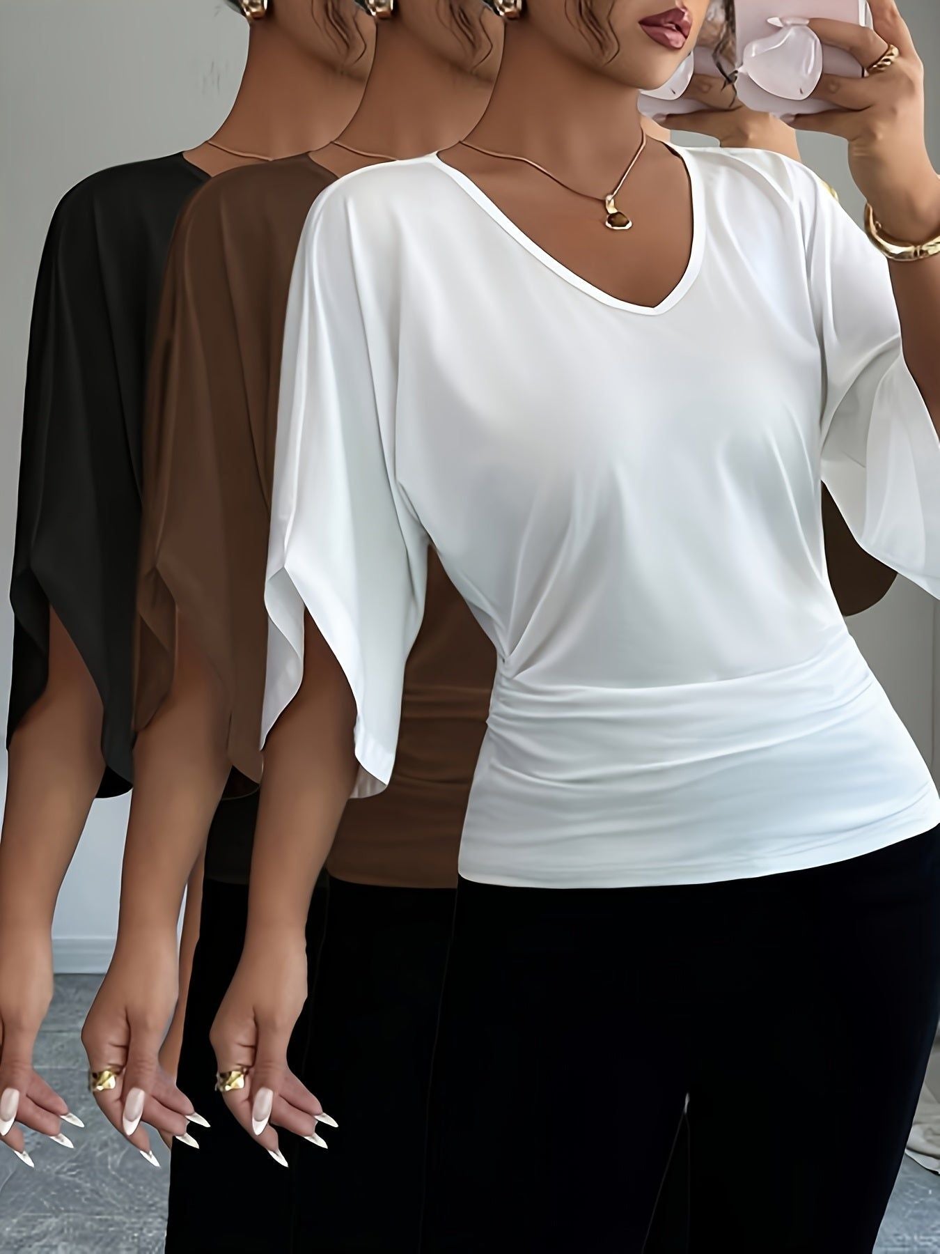 Women's 3pcs Set Batwing Sleeve V-Neck Solid Color Slim Fit Elegant Commuting Short Sleeve T-Shirt   OAXG White+brown+black / S