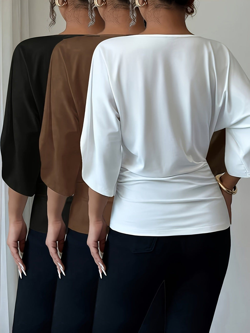 Women's 3pcs Set Batwing Sleeve V-Neck Solid Color Slim Fit Elegant Commuting Short Sleeve T-Shirt   OAXG White+brown+black / S