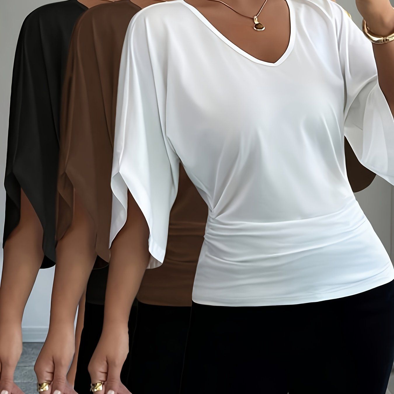 Women's 3pcs Set Batwing Sleeve V-Neck Solid Color Slim Fit Elegant Commuting Short Sleeve T-Shirt   OAXG White+brown+black / S
