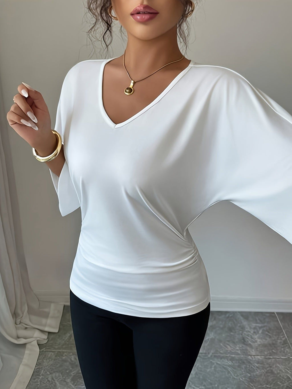 Women's 3pcs Set Batwing Sleeve V-Neck Solid Color Slim Fit Elegant Commuting Short Sleeve T-Shirt   OAXG White+brown+black / S