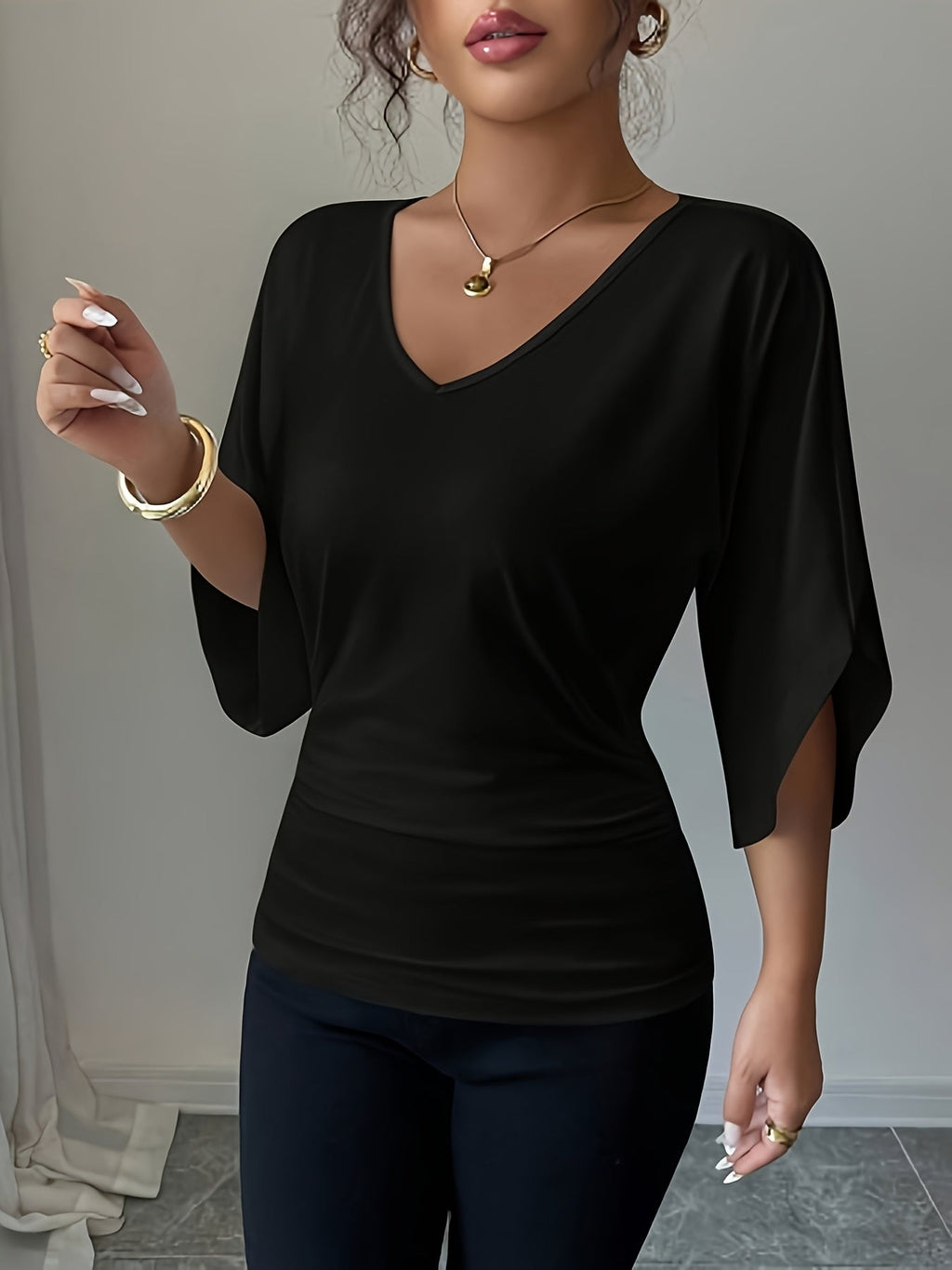Women's 3pcs Set Batwing Sleeve V-Neck Solid Color Slim Fit Elegant Commuting Short Sleeve T-Shirt   OAXG White+brown+black / S