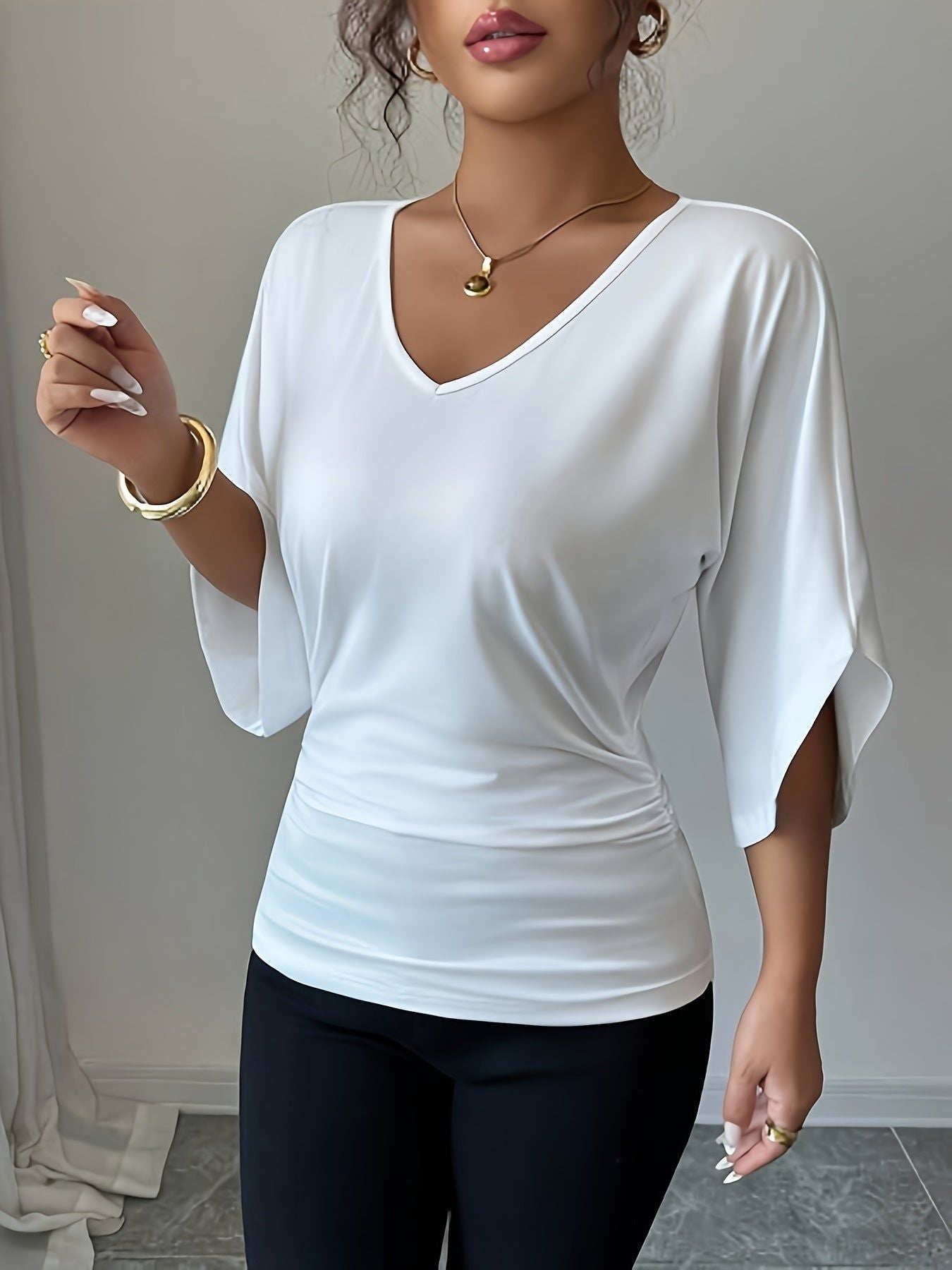 Women's 3pcs Set Batwing Sleeve V-Neck Solid Color Slim Fit Elegant Commuting Short Sleeve T-Shirt   OAXG White+brown+black / S
