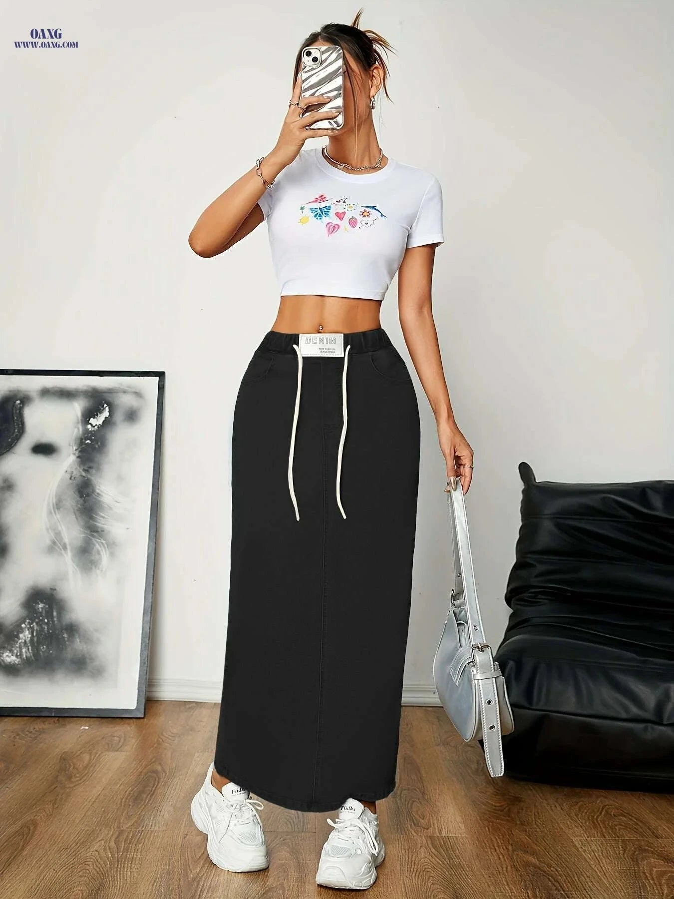 Women's A-Line Denim Skirt - Elastic Waist, Slim Fit for Any Occasion   OAXG 