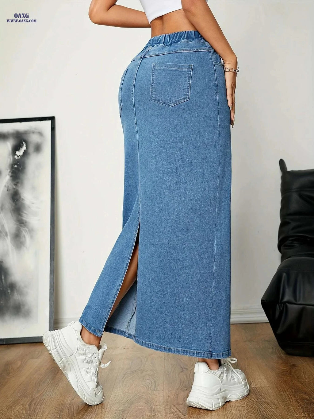 Women's A-Line Denim Skirt - Elastic Waist, Slim Fit for Any Occasion   OAXG 