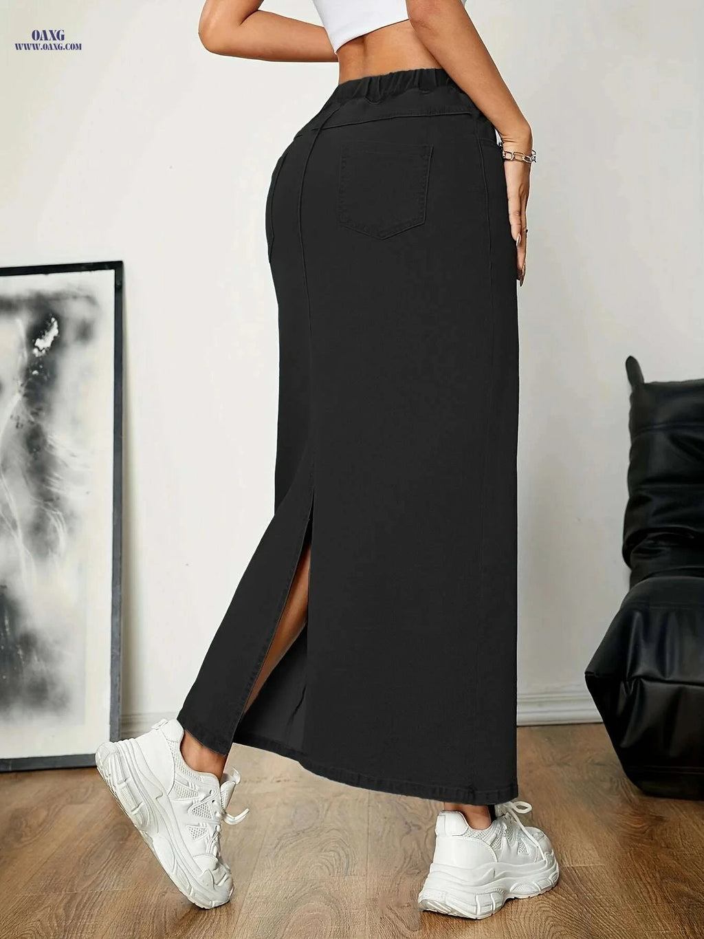 Women's A-Line Denim Skirt - Elastic Waist, Slim Fit for Any Occasion   OAXG Medium Blue / S