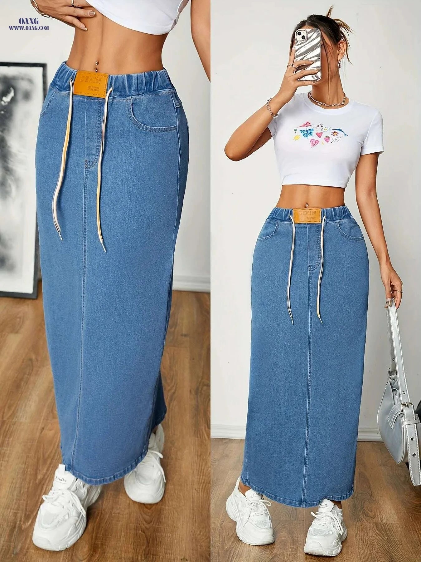Women's A-Line Denim Skirt - Elastic Waist, Slim Fit for Any Occasion   OAXG Medium Blue / S