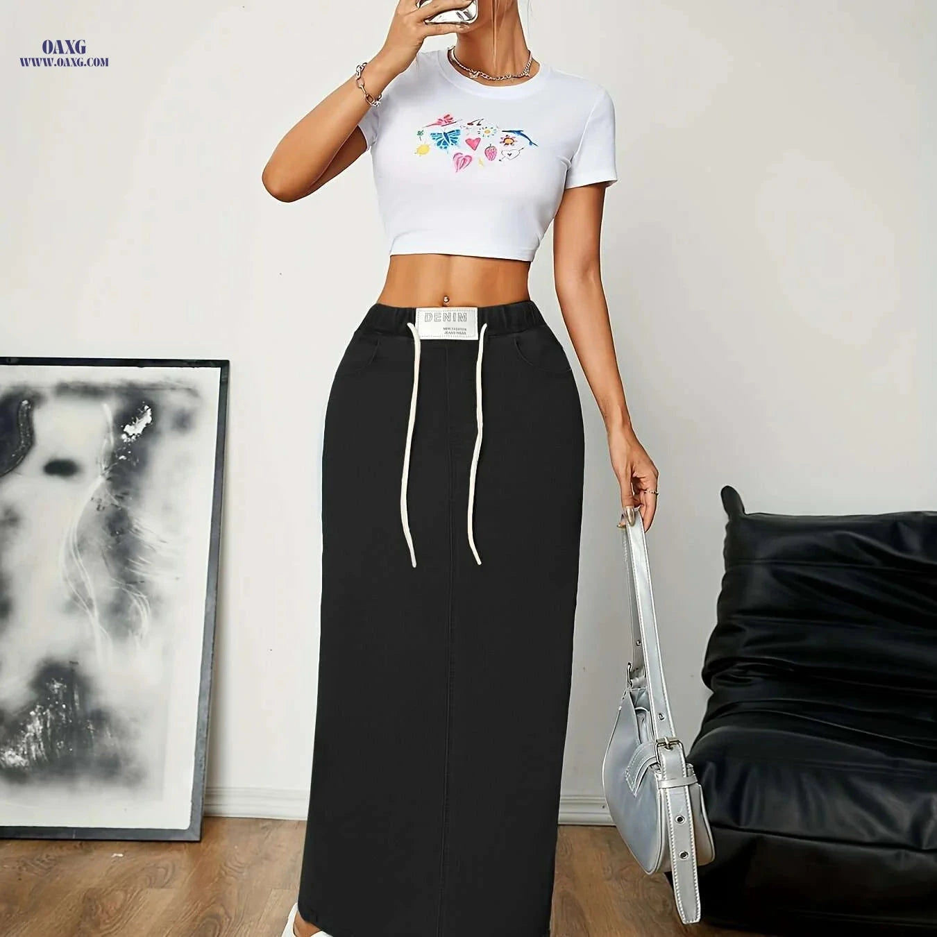 Women's A-Line Denim Skirt - Elastic Waist, Slim Fit for Any Occasion   OAXG Medium Blue / S