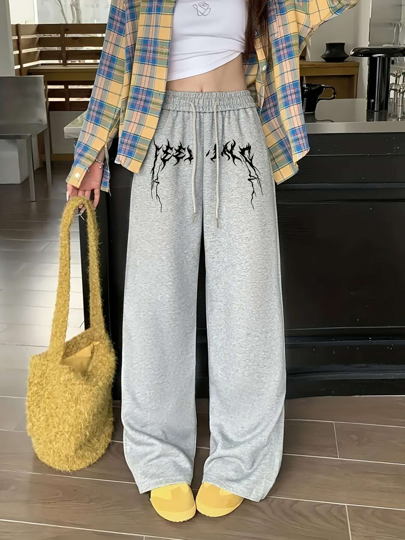 Women's Abstract Print Drawstring Joggers - Comfy Polyester Style   OAXG Black / XS