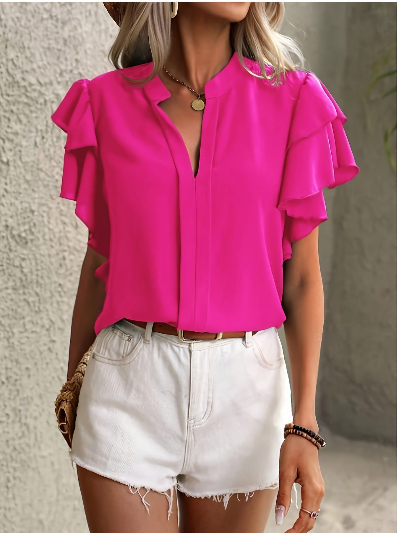 Women'S American Casual Solid Color Shirt   OAXG Rose Red / S