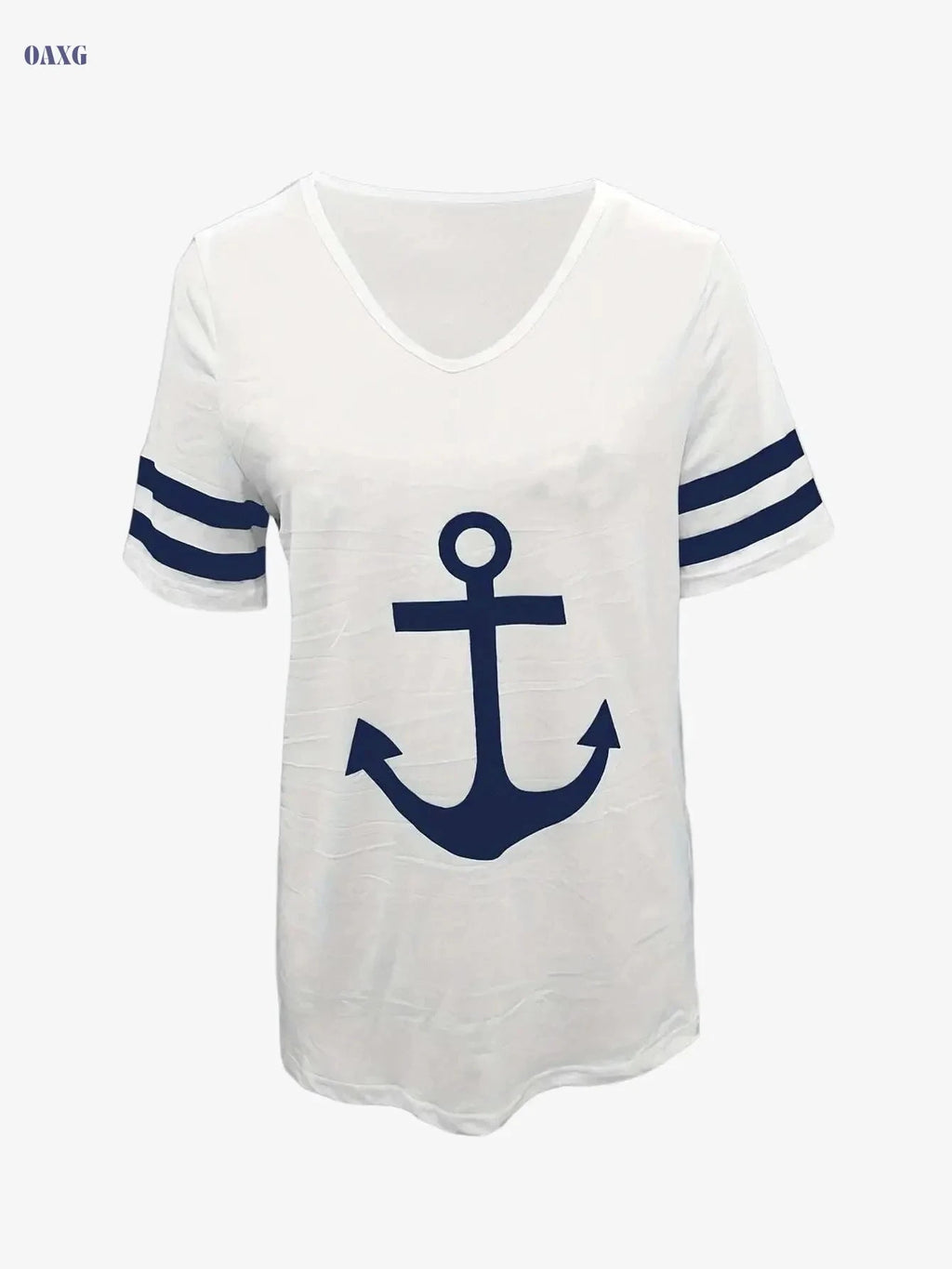 Women's Anchor Print V Neck T-shirt - Casual Short Sleeve Style   OAXG 