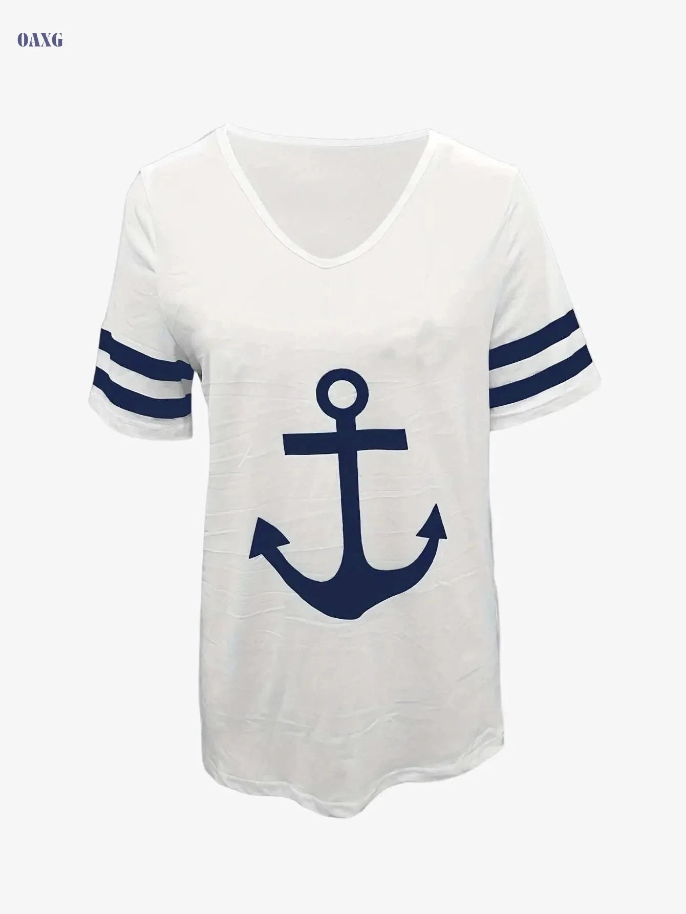 Women's Anchor Print V Neck T-shirt - Casual Short Sleeve Style   OAXG 