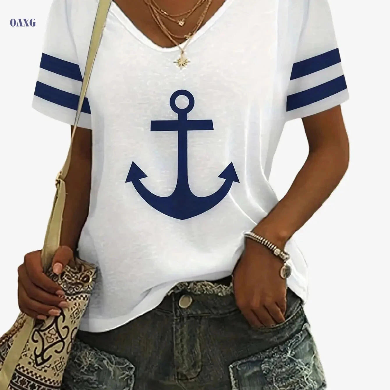 Women's Anchor Print V Neck T-shirt - Casual Short Sleeve Style   OAXG White / S