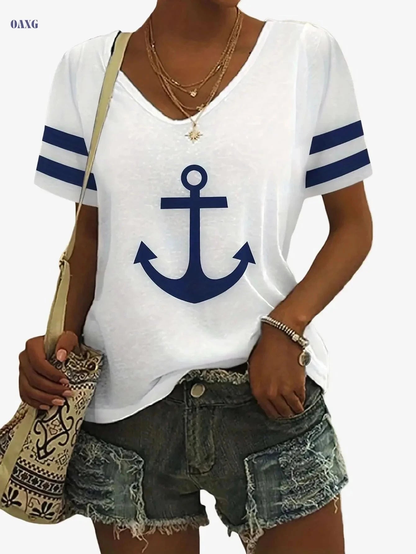 Women's Anchor Print V Neck T-shirt - Casual Short Sleeve Style   OAXG White / S