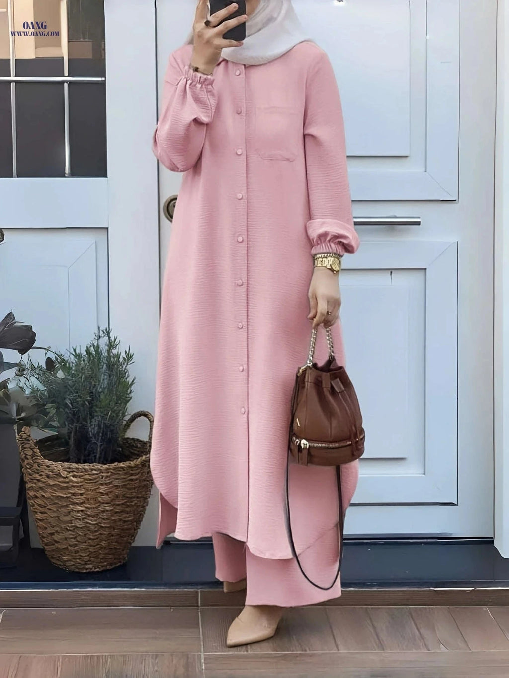 Women's Arabic Style Long Sleeve Shirt & Wide-Leg Pants Set   OAXG 