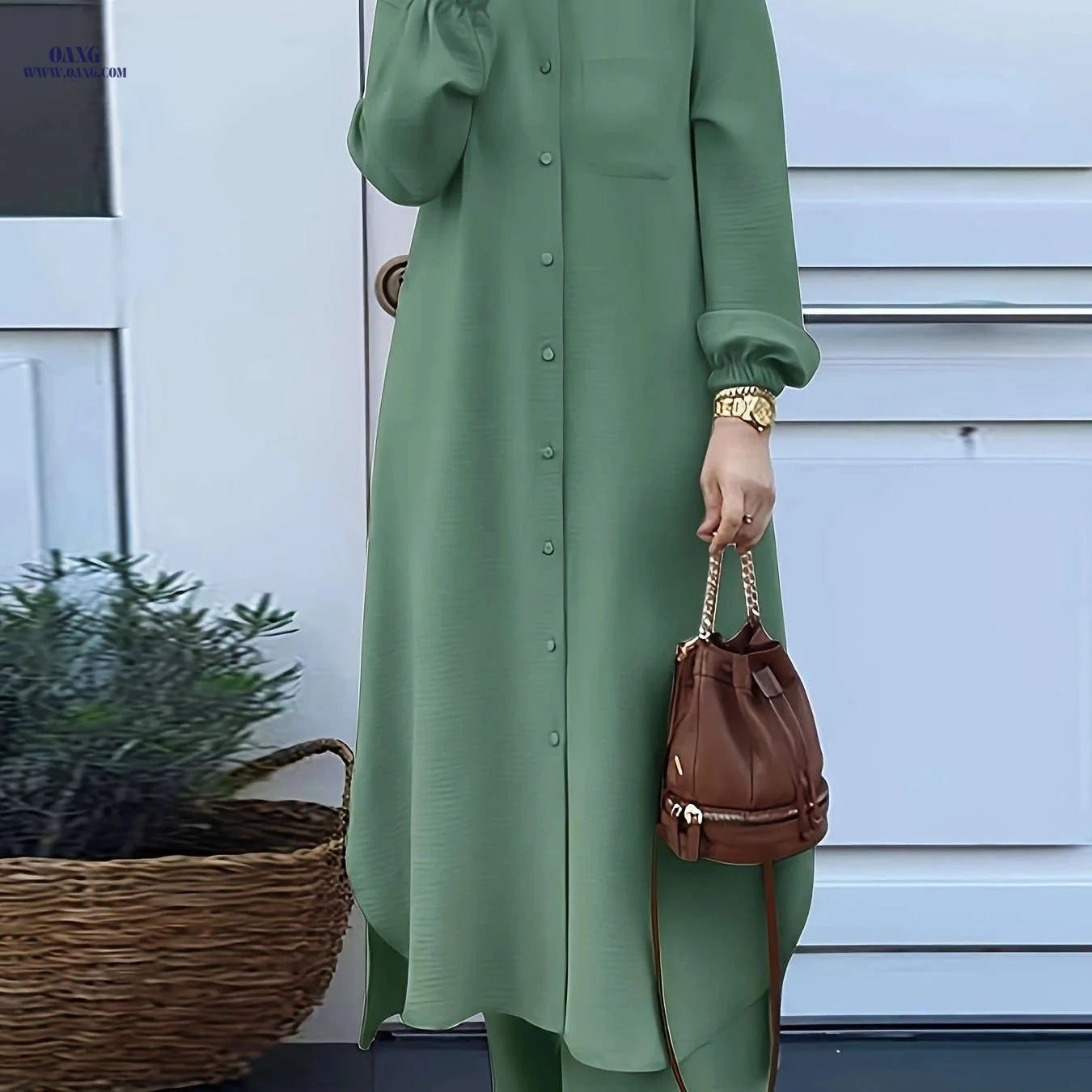 Women's Arabic Style Long Sleeve Shirt & Wide-Leg Pants Set   OAXG 