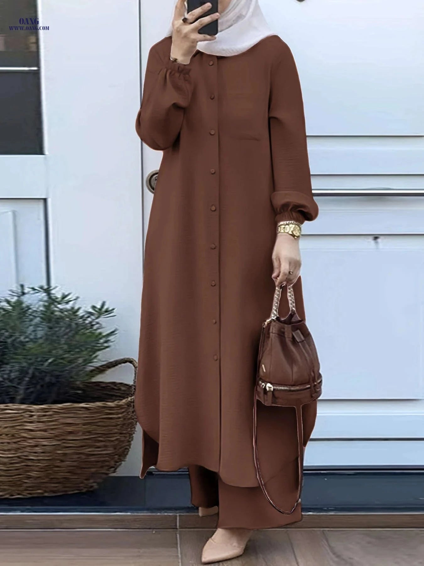 Women's Arabic Style Long Sleeve Shirt & Wide-Leg Pants Set   OAXG 
