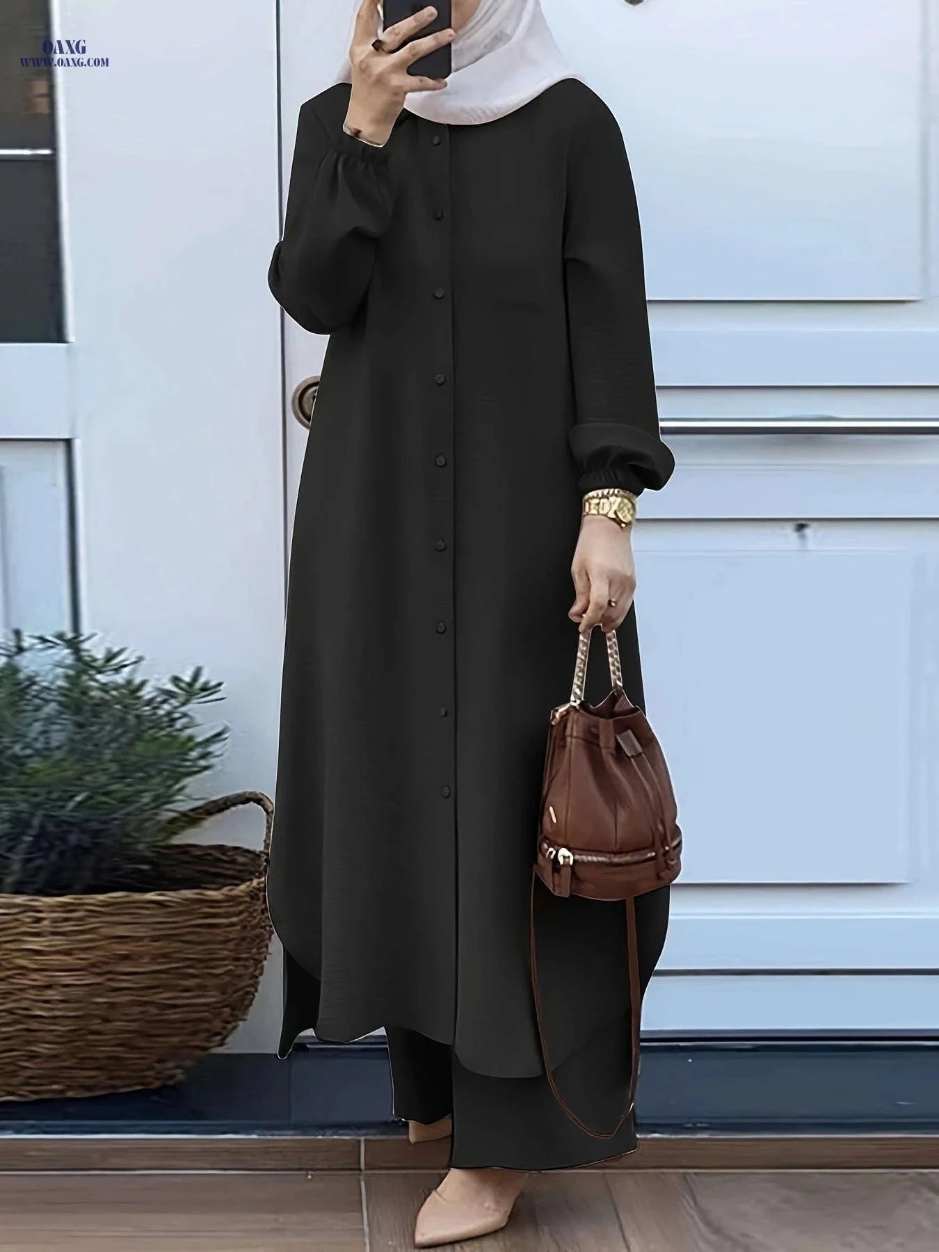 Women's Arabic Style Long Sleeve Shirt & Wide-Leg Pants Set   OAXG 