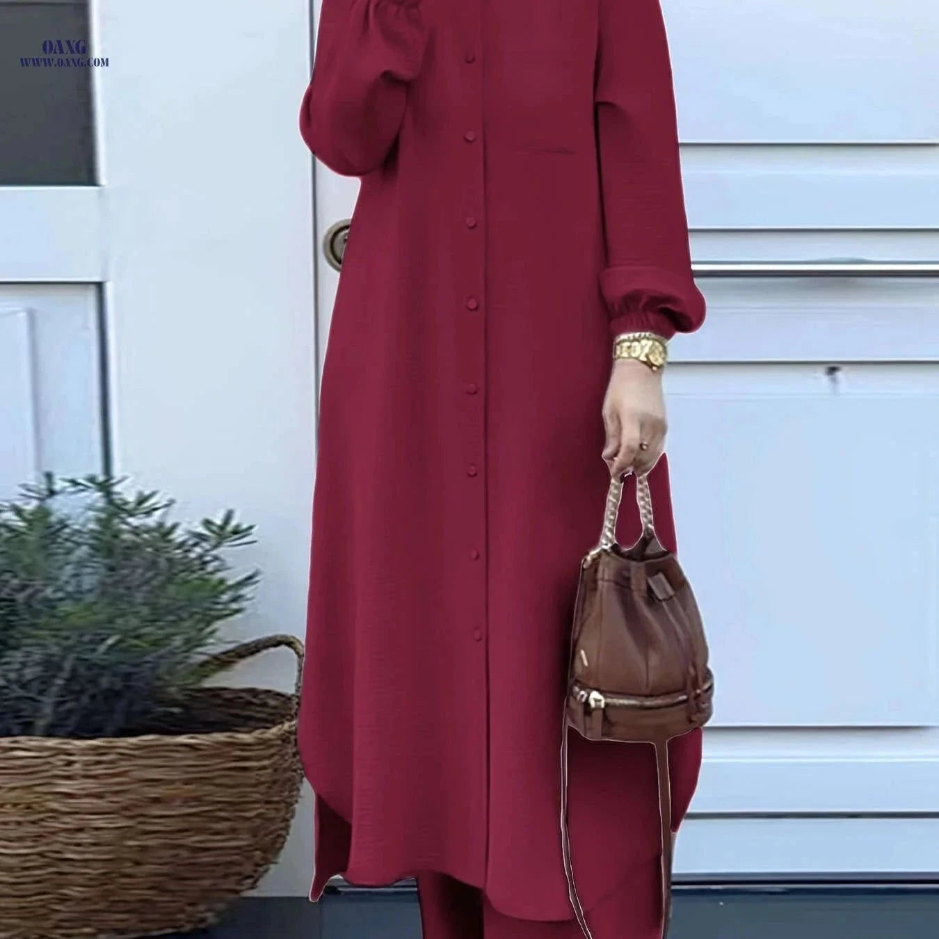 Women's Arabic Style Long Sleeve Shirt & Wide-Leg Pants Set   OAXG Green / S