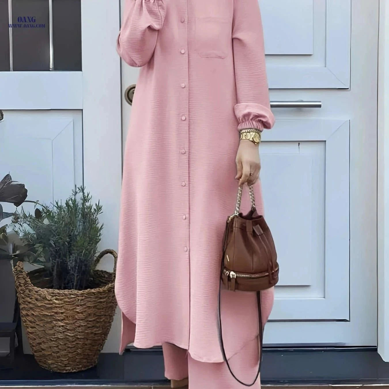 Women's Arabic Style Long Sleeve Shirt & Wide-Leg Pants Set   OAXG Green / S