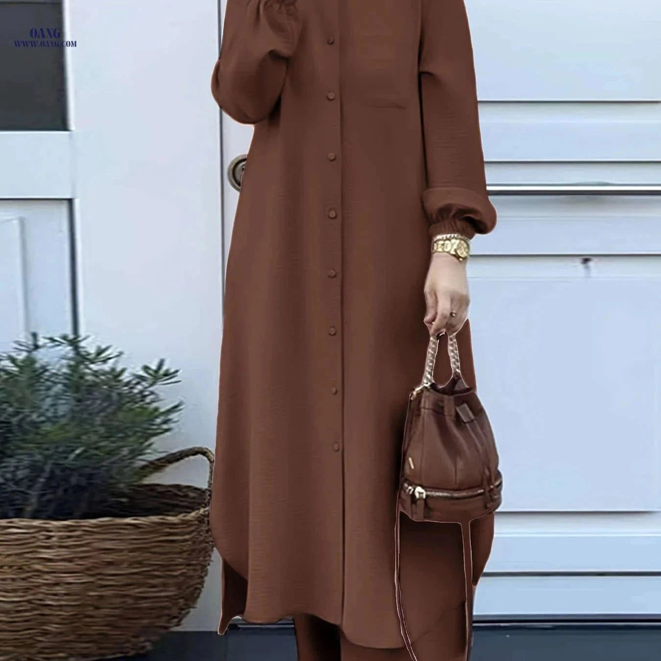 Women's Arabic Style Long Sleeve Shirt & Wide-Leg Pants Set   OAXG Green / S