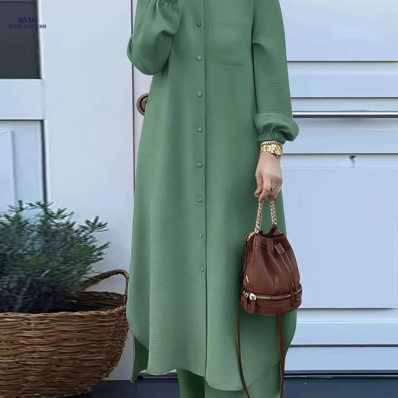 Women's Arabic Style Long Sleeve Shirt & Wide-Leg Pants Set   OAXG Green / S