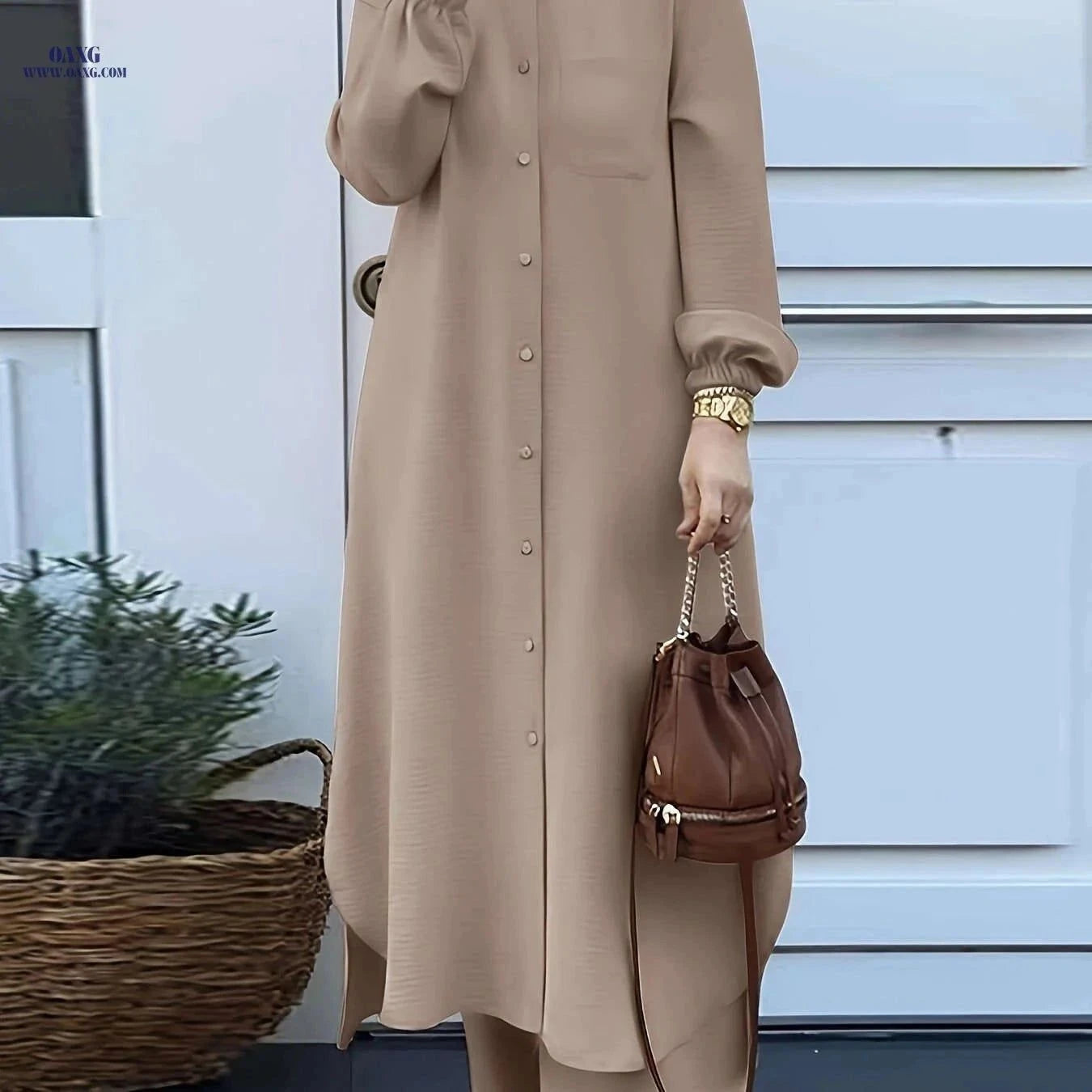 Women's Arabic Style Long Sleeve Shirt & Wide-Leg Pants Set   OAXG Green / S