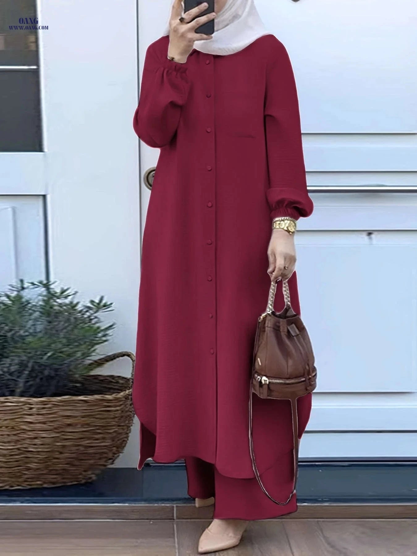 Women's Arabic Style Long Sleeve Shirt & Wide-Leg Pants Set   OAXG 