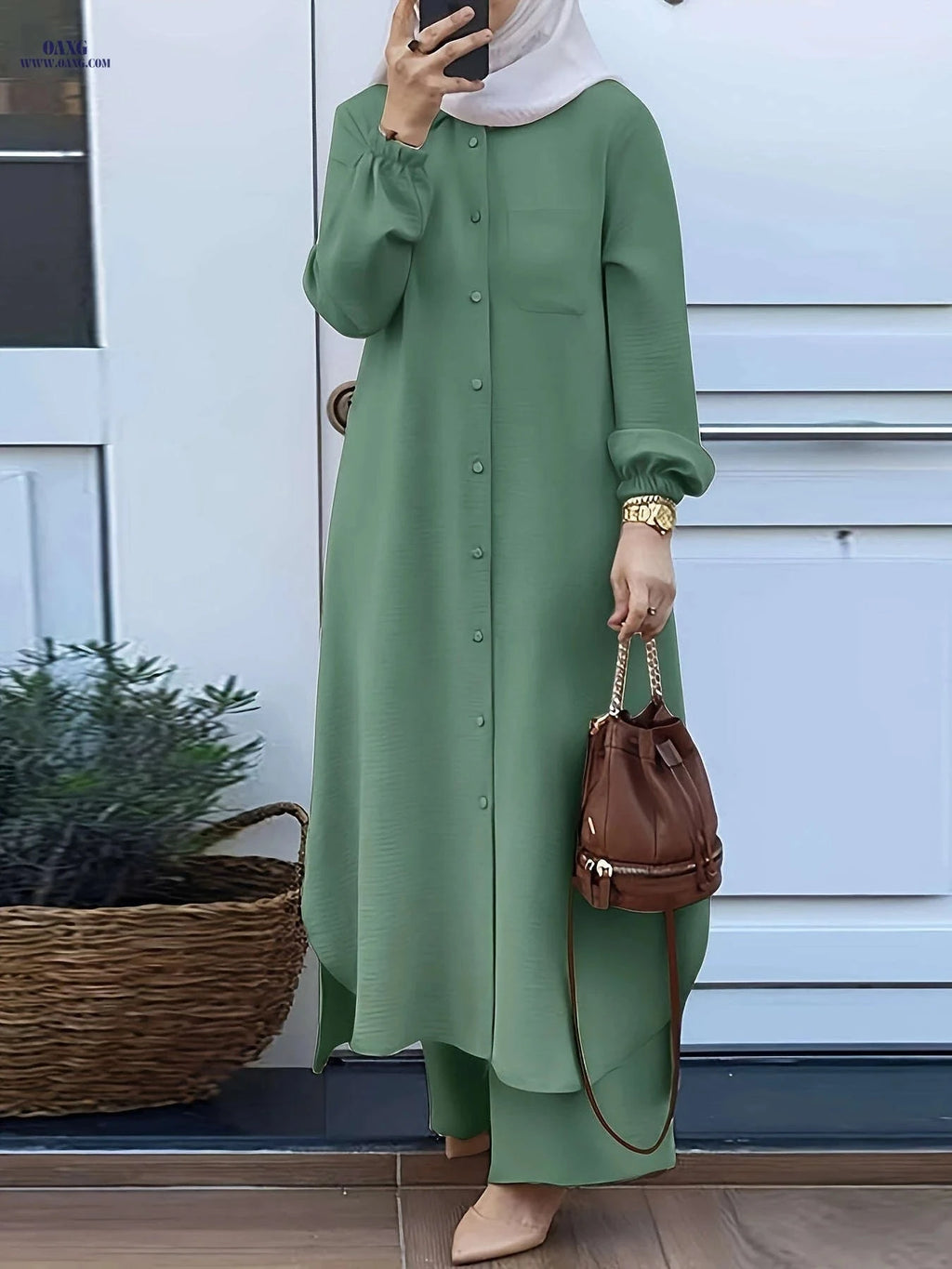 Women's Arabic Style Long Sleeve Shirt & Wide-Leg Pants Set   OAXG 