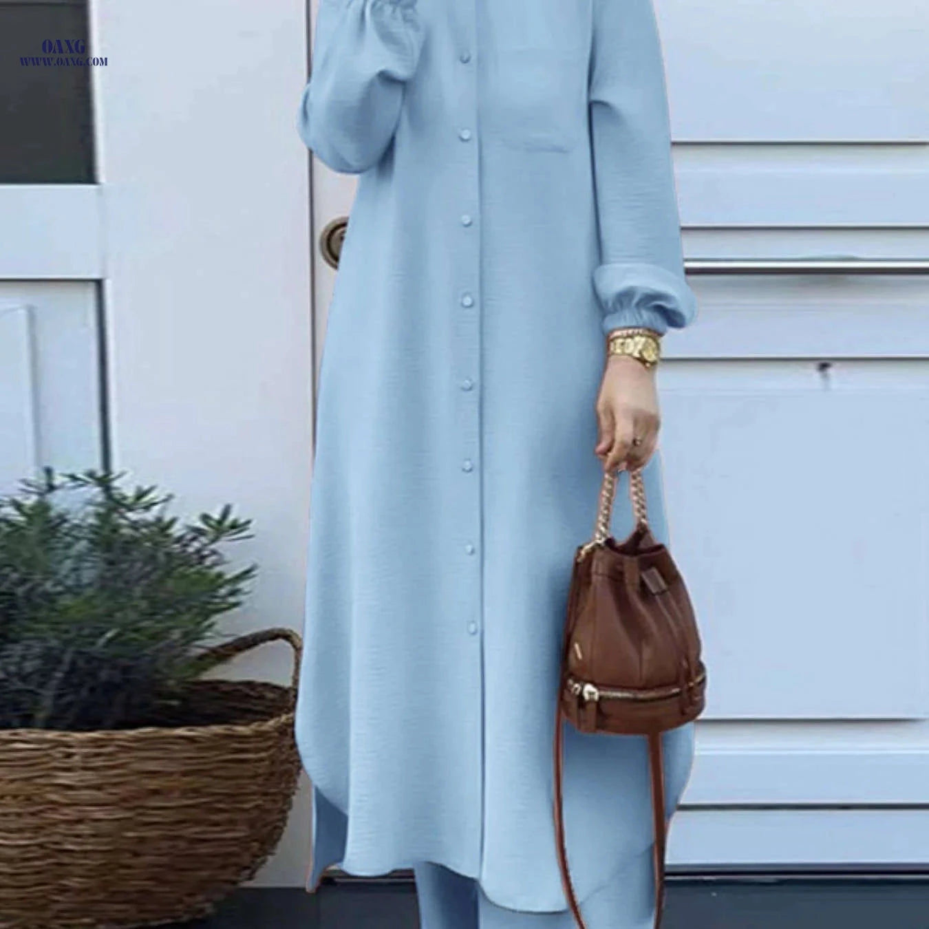 Women's Arabic Style Long Sleeve Shirt & Wide-Leg Pants Set   OAXG 