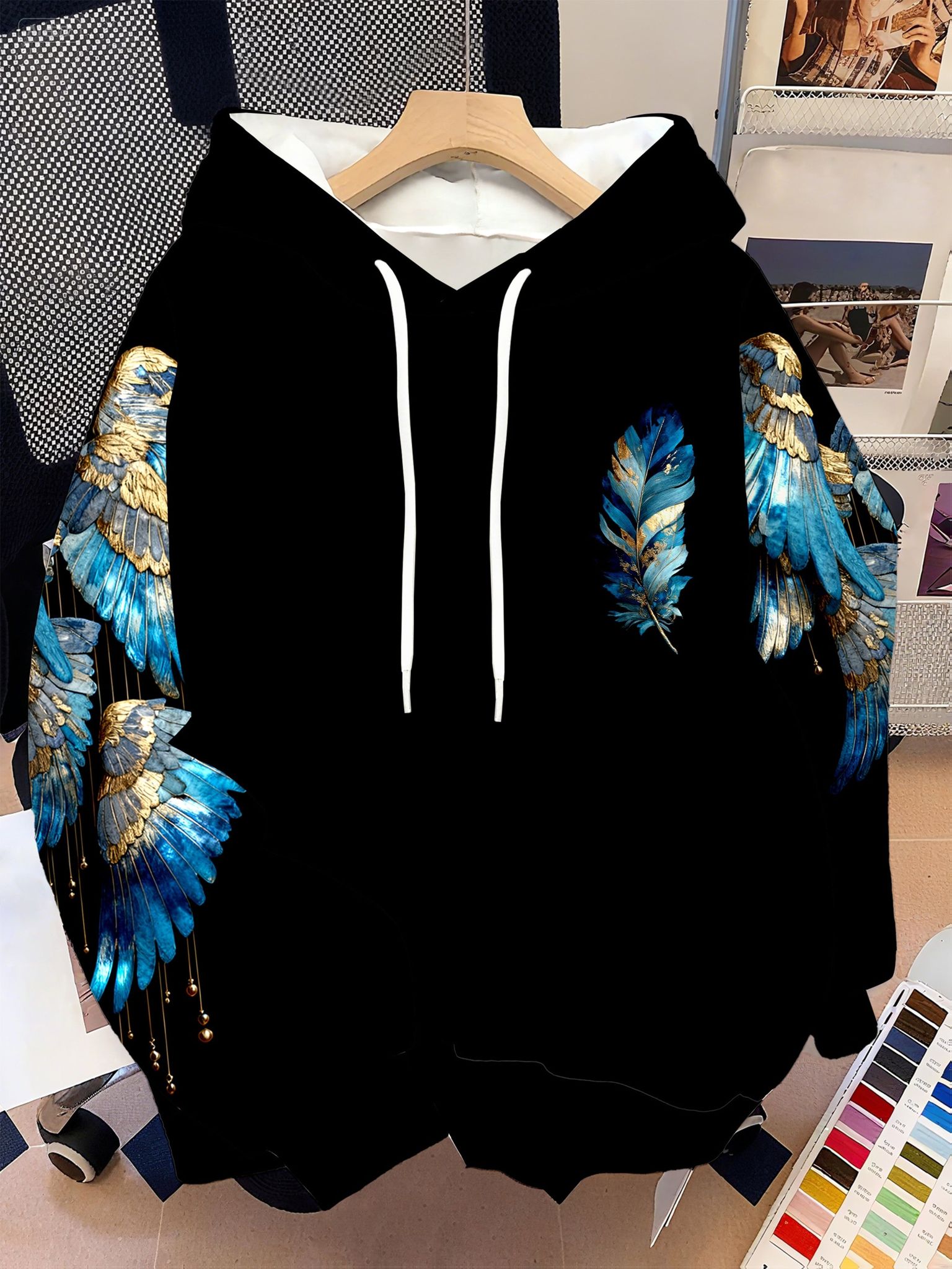 Women's Artistic Blue & Golden Wing Graphic Hoodie, Black Oversized Hooded Sweatshirt with Embellished Angel Wings & Design on Front & Back, Edgy Casual Streetwear Top for Daily Wear   OAXG Black / S