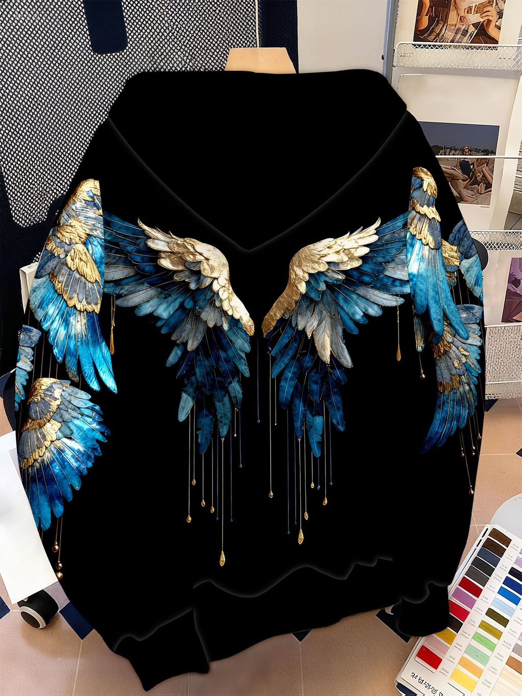 Women's Artistic Blue & Golden Wing Graphic Hoodie, Black Oversized Hooded Sweatshirt with Embellished Angel Wings & Design on Front & Back, Edgy Casual Streetwear Top for Daily Wear   OAXG Black / S