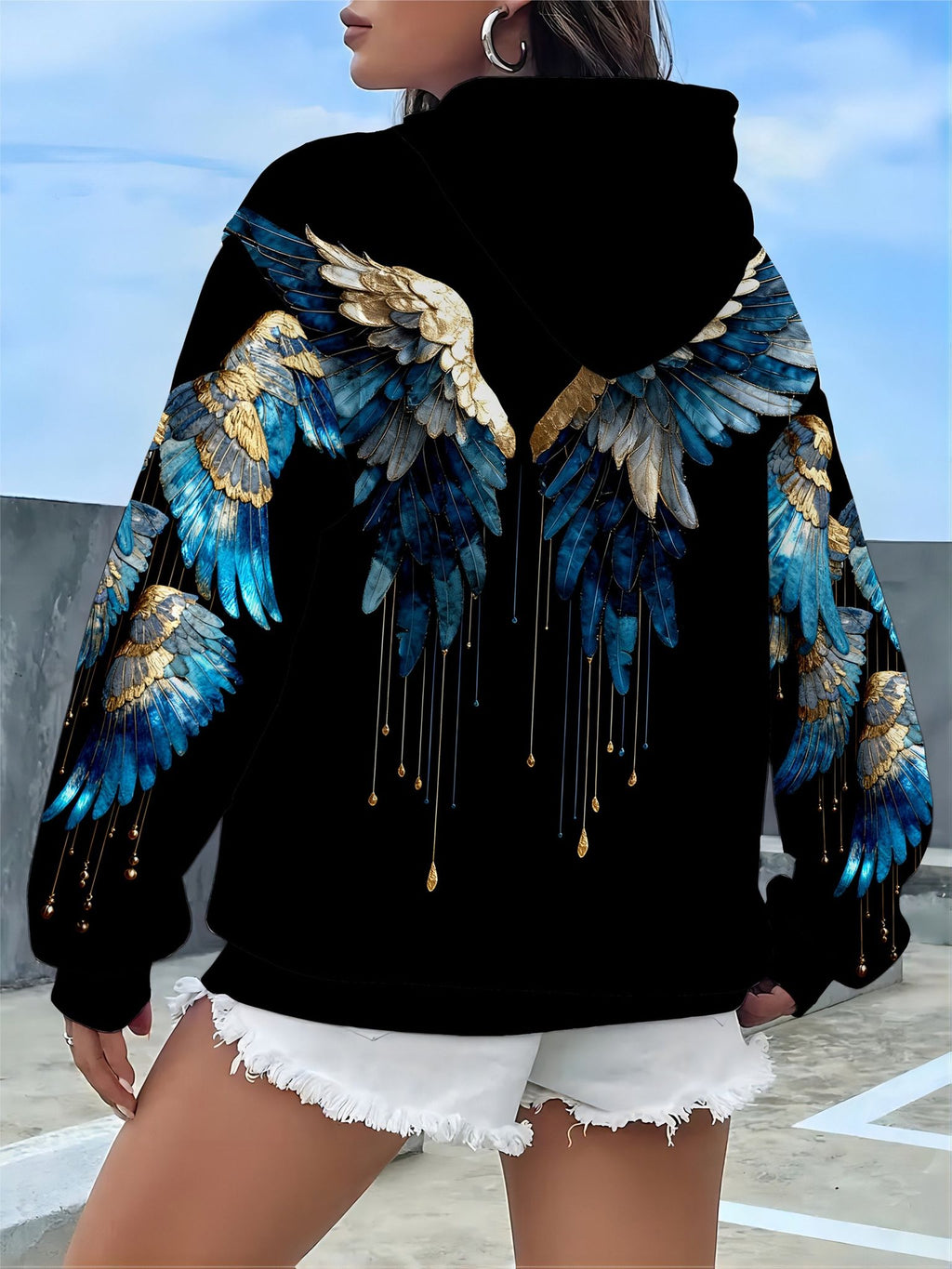 Women's Artistic Blue & Golden Wing Graphic Hoodie, Black Oversized Hooded Sweatshirt with Embellished Angel Wings & Design on Front & Back, Edgy Casual Streetwear Top for Daily Wear   OAXG Black / S