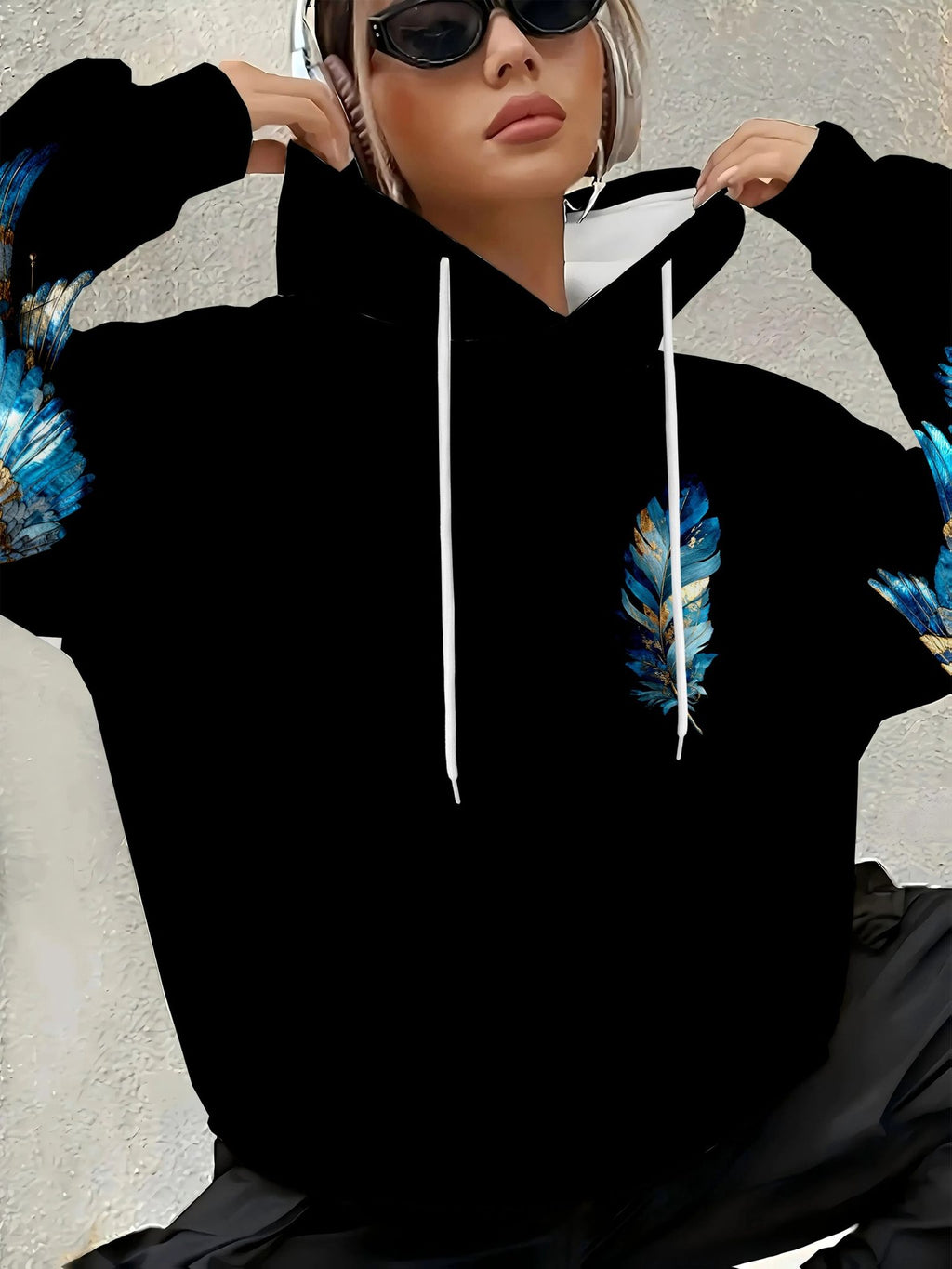 Women's Artistic Blue & Golden Wing Graphic Hoodie, Black Oversized Hooded Sweatshirt with Embellished Angel Wings & Design on Front & Back, Edgy Casual Streetwear Top for Daily Wear   OAXG Black / S