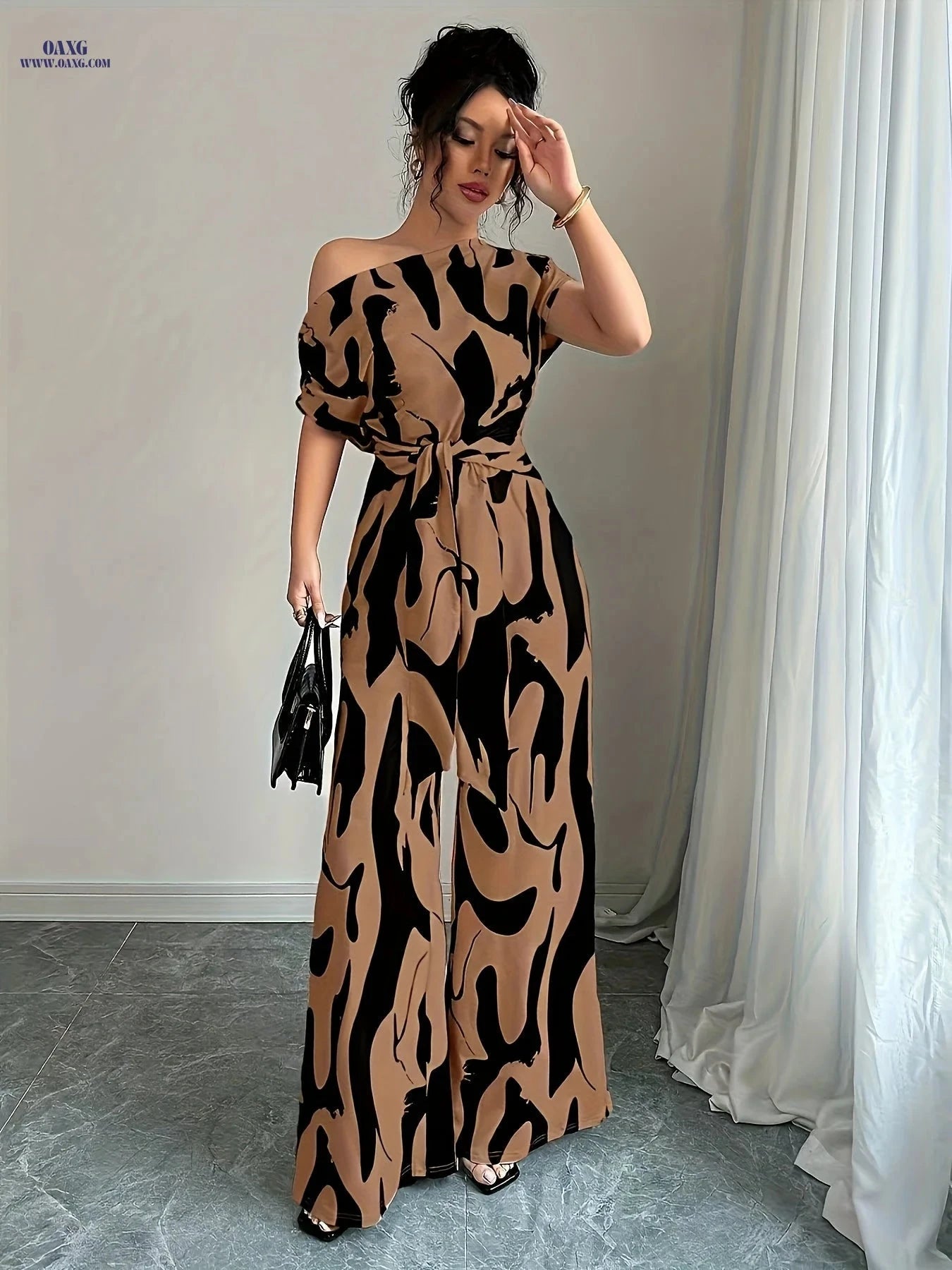 Women's Asymmetric One-Shoulder Jumpsuit - Elegant Summer Wedding Gown   OAXG Coffee color / XS