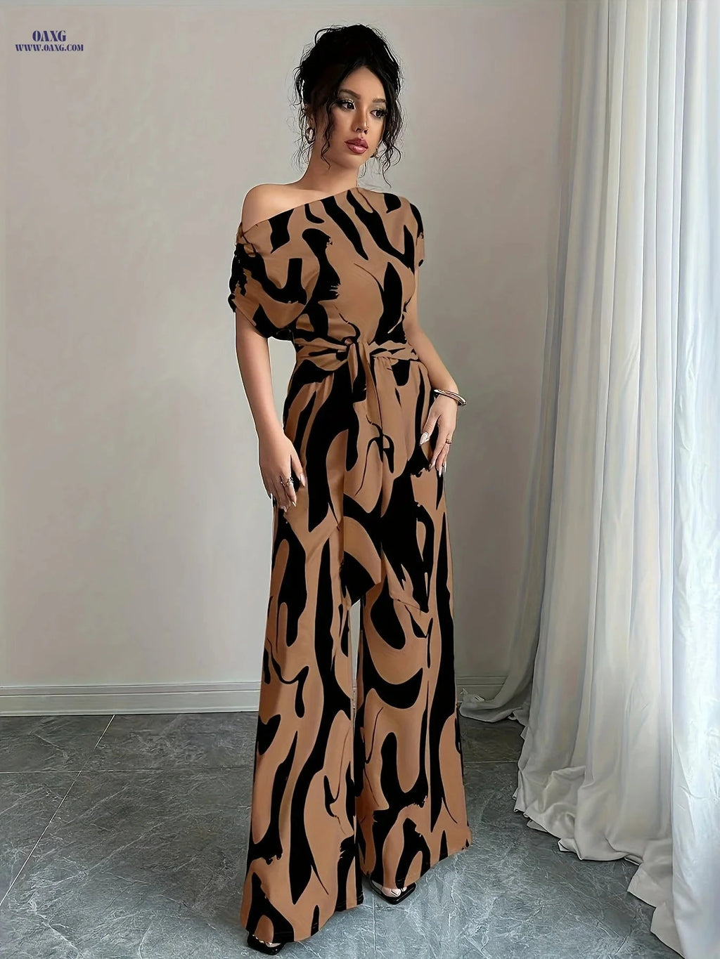 Women's Asymmetric One-Shoulder Jumpsuit - Elegant Summer Wedding Gown   OAXG Coffee color / XS
