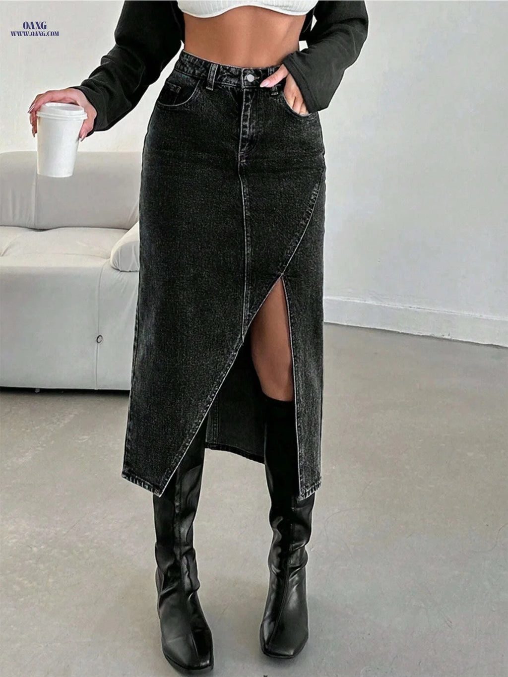 Women's Asymmetrical Denim Skirt - Casual Elegant Style for All Seasons   OAXG Black / S