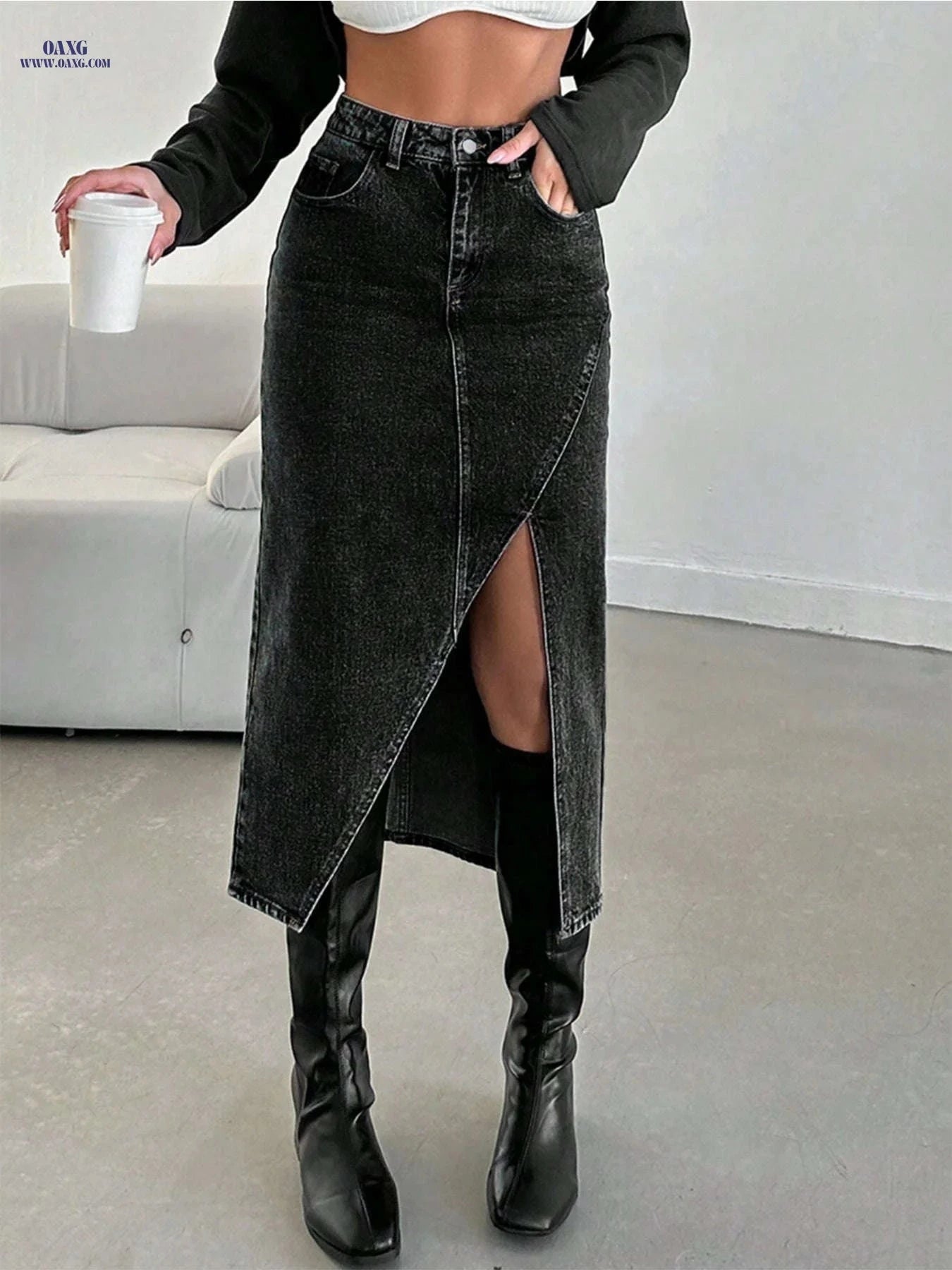 Women's Asymmetrical Denim Skirt - Casual Elegant Style for All Seasons   OAXG Black / S