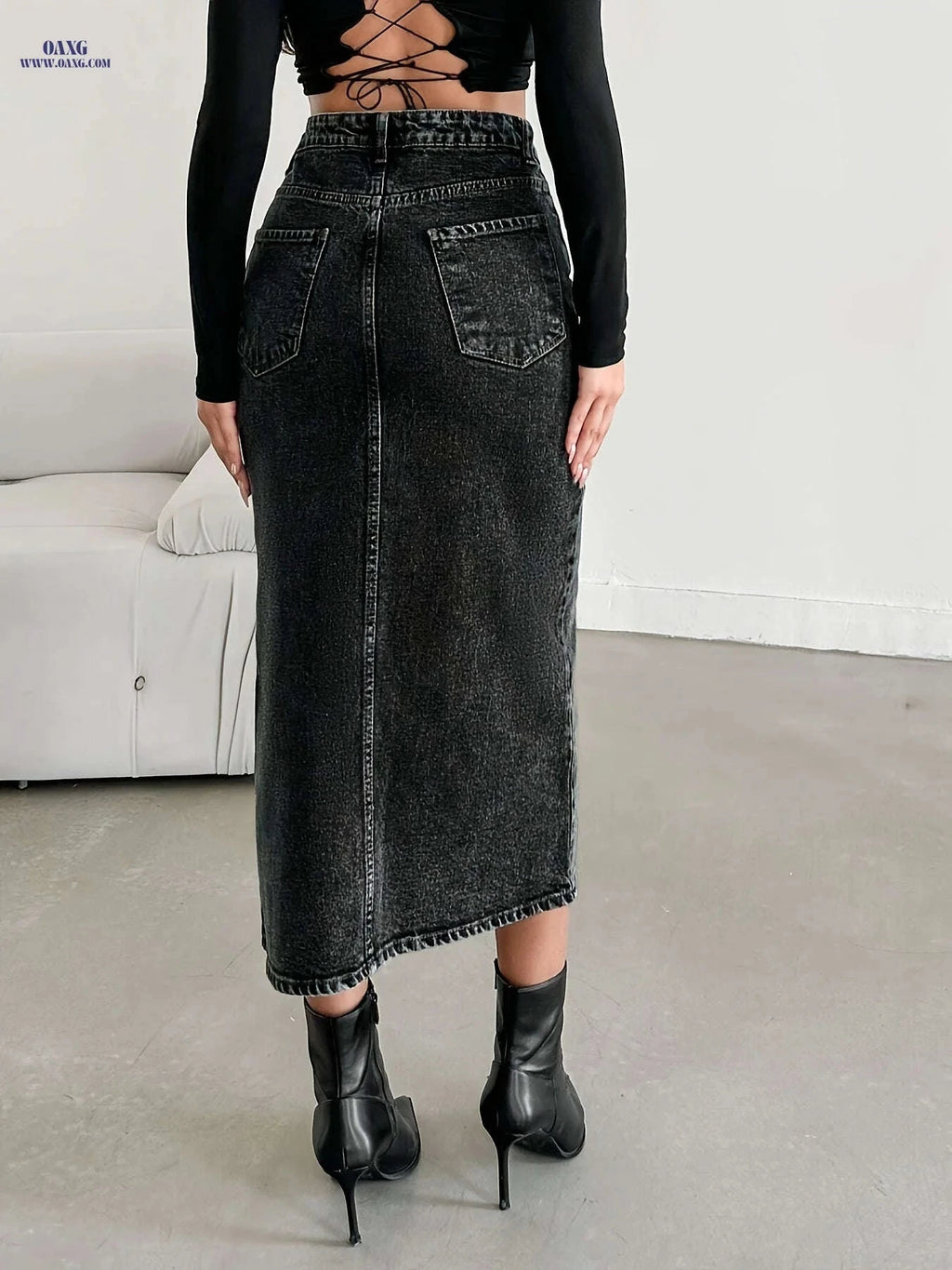 Women's Asymmetrical Denim Skirt - Casual Elegant Style for All Seasons   OAXG Black / S