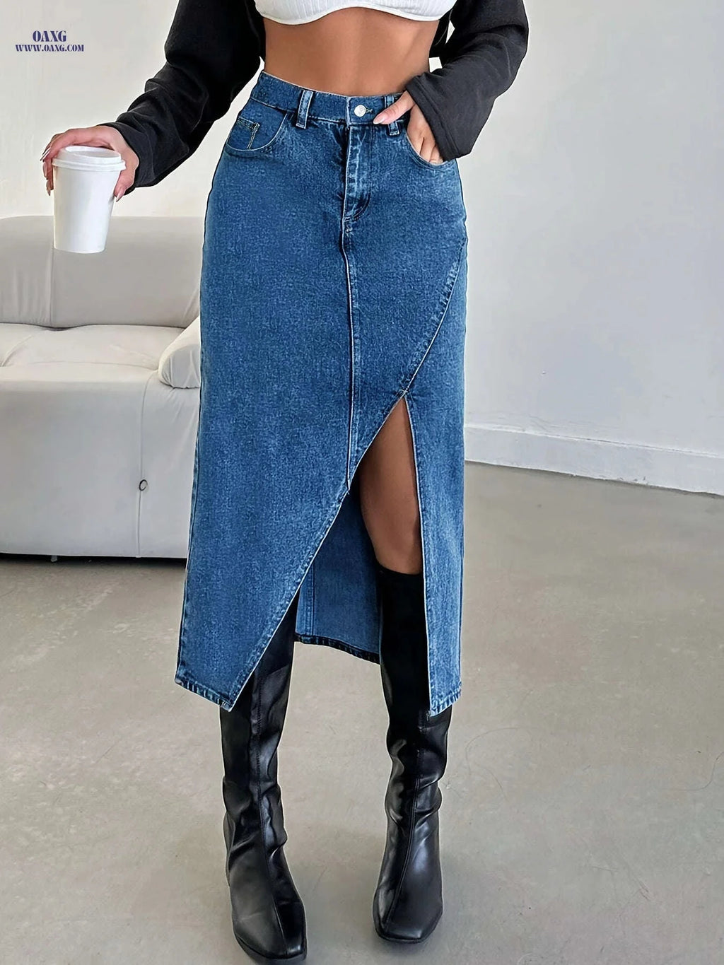 Women's Asymmetrical Denim Skirt - Casual Elegant Style for All Seasons   OAXG Black / S