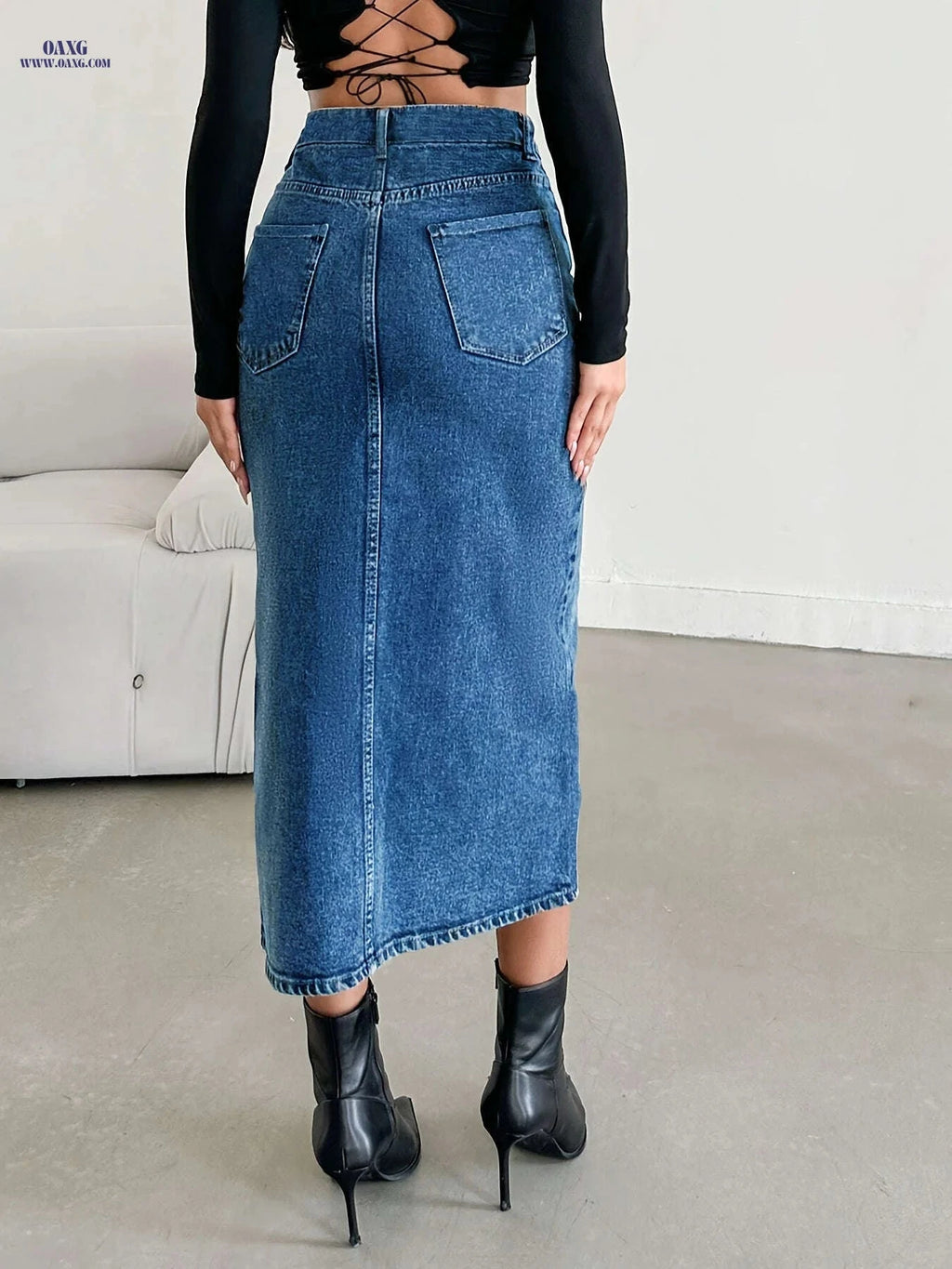 Women's Asymmetrical Denim Skirt - Casual Elegant Style for All Seasons   OAXG Black / S