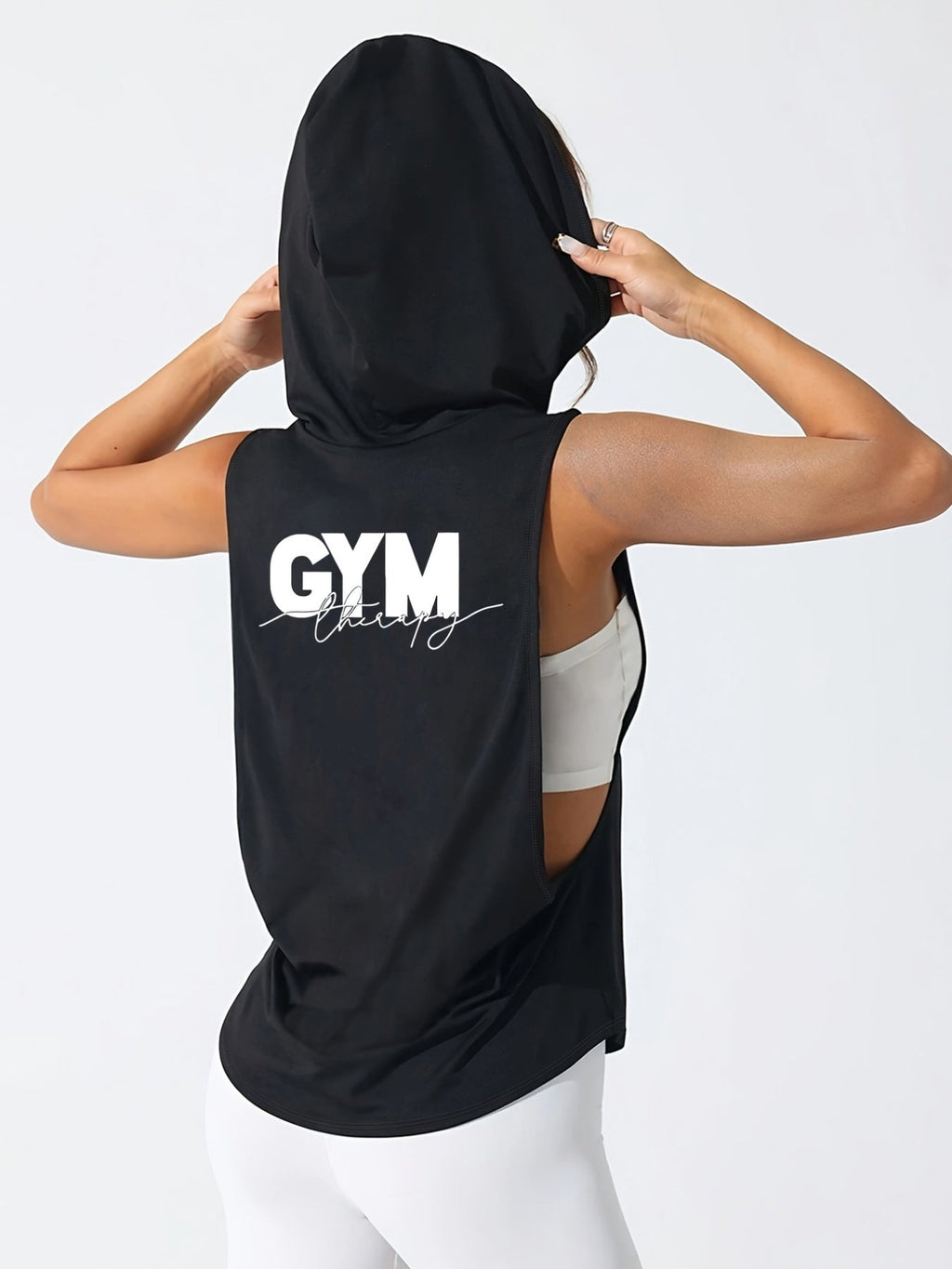 Women'S Athletic Sleeveless Hooded Vest, Fitness Therapy, GYM Therapy Print, Loose Fit, Machine Washable, Suitable for Spring Summer Casual And Athletic Wear, Summer Casual Attire, Hooded Athletic Wear, Comfortable Fabric   OAXG Black / S
