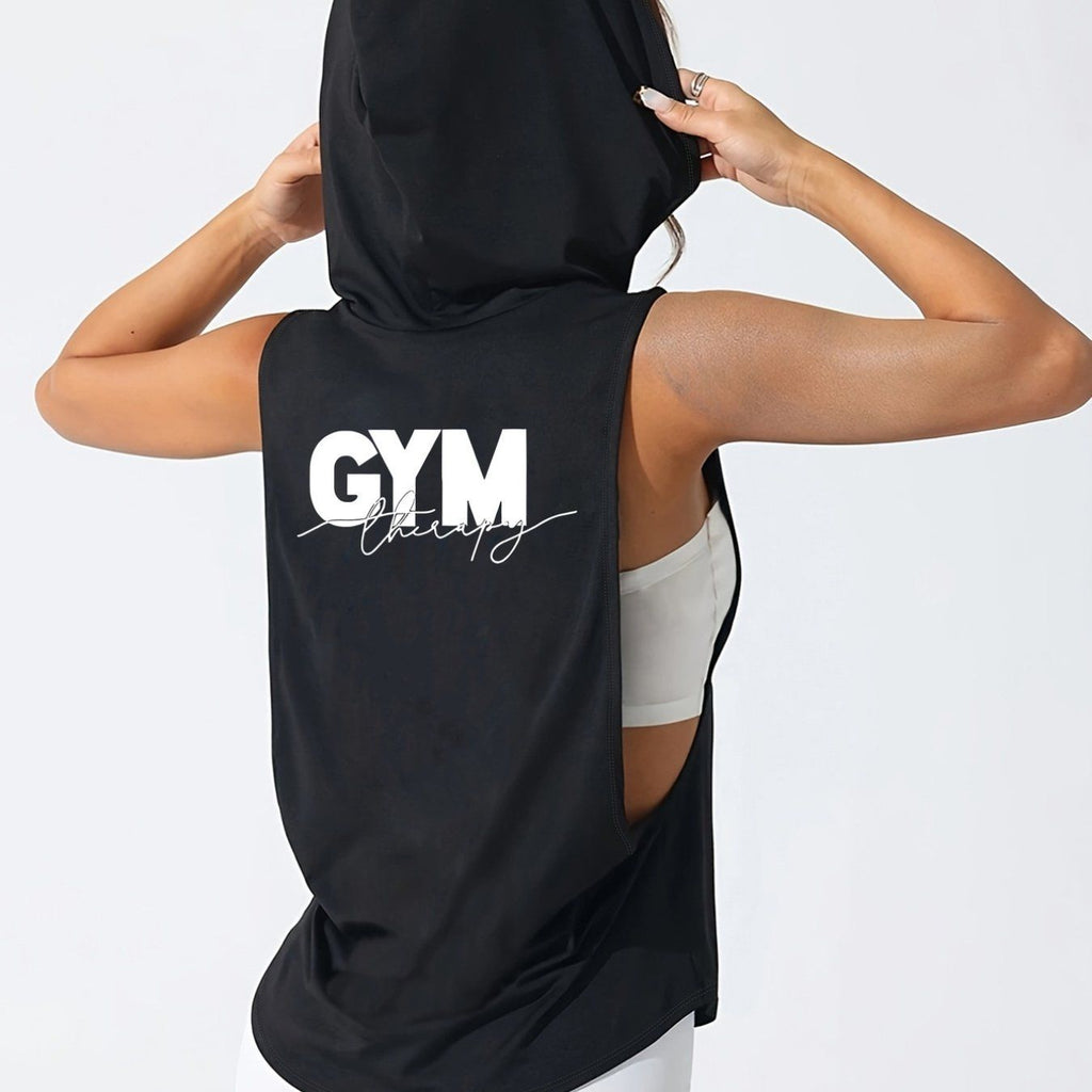 Women'S Athletic Sleeveless Hooded Vest, Fitness Therapy, GYM Therapy Print, Loose Fit, Machine Washable, Suitable for Spring Summer Casual And Athletic Wear, Summer Casual Attire, Hooded Athletic Wear, Comfortable Fabric   OAXG Black / S