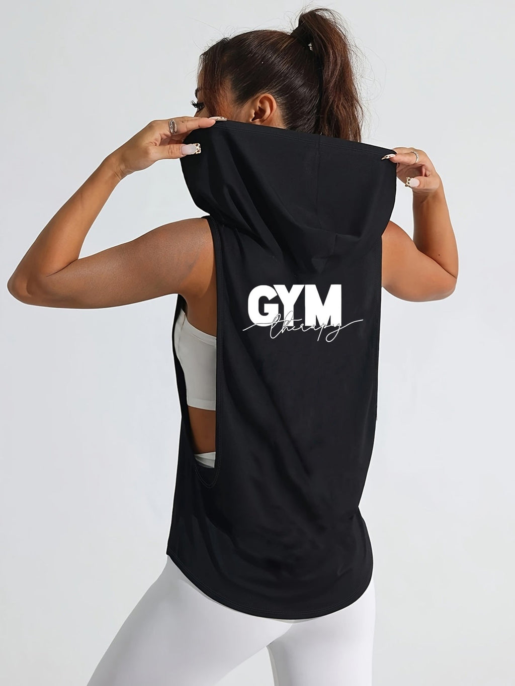 Women'S Athletic Sleeveless Hooded Vest, Fitness Therapy, GYM Therapy Print, Loose Fit, Machine Washable, Suitable for Spring Summer Casual And Athletic Wear, Summer Casual Attire, Hooded Athletic Wear, Comfortable Fabric   OAXG Black / S