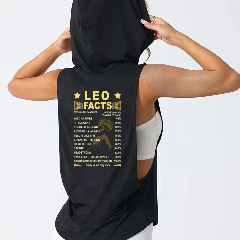 Women'S Athletic Sleeveless Hooded Vest, Leo Zodiac, Constellation Print Women'S Hooded Tank Top, Loose Fit, Machine Washable, Hooded Athletic Wear, Comfortable Fabric, Spring Summer Casual Athletic Outfit Choice   OAXG Black / S