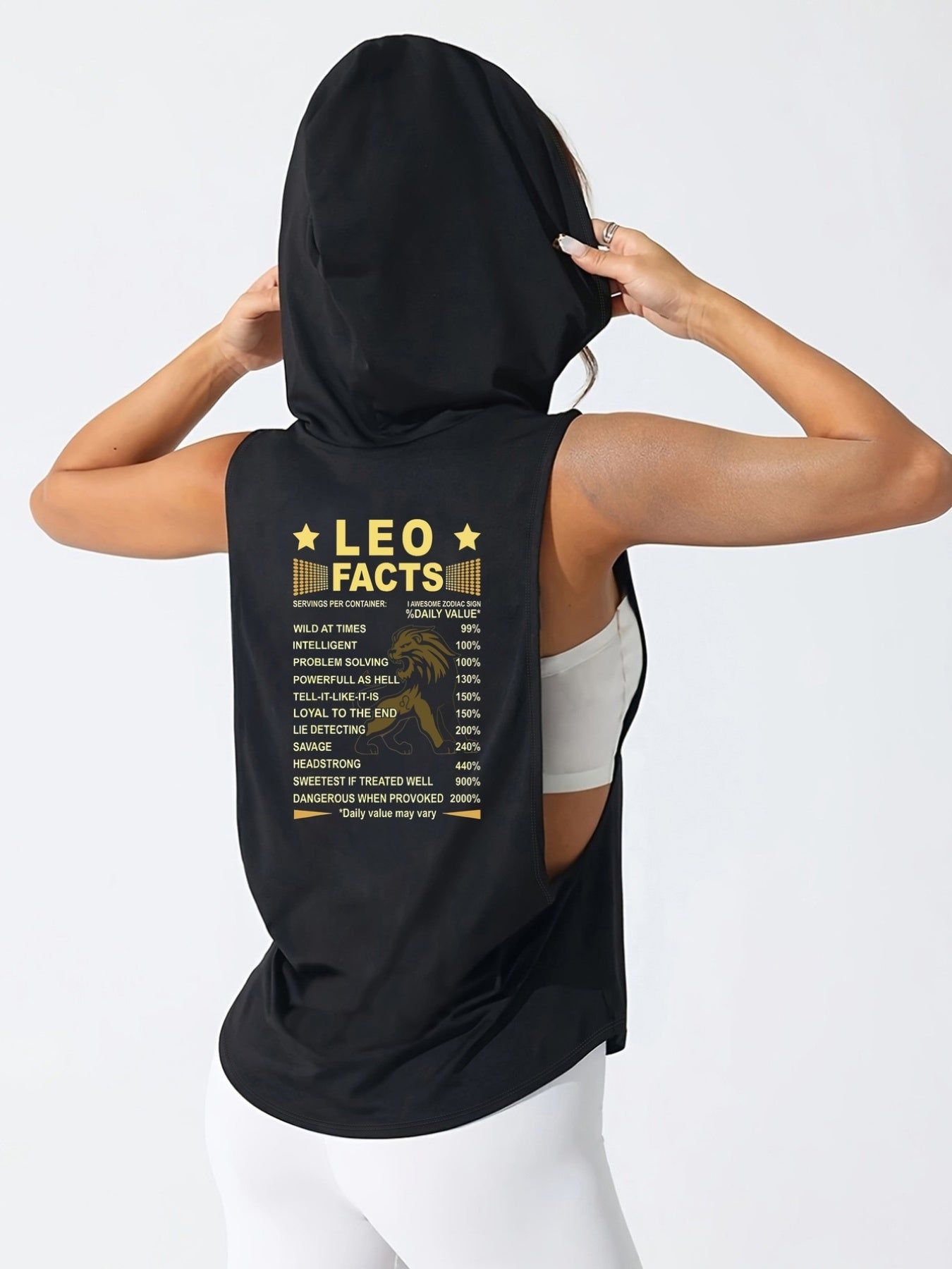 Women'S Athletic Sleeveless Hooded Vest, Leo Zodiac, Constellation Print Women'S Hooded Tank Top, Loose Fit, Machine Washable, Hooded Athletic Wear, Comfortable Fabric, Spring Summer Casual Athletic Outfit Choice   OAXG Black / S