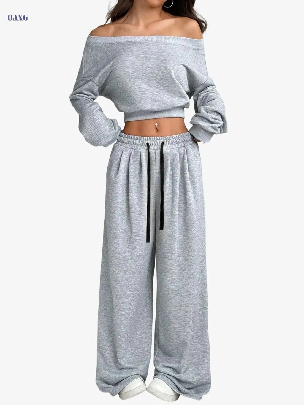 Women's Autumn Off-Shoulder Sweatshirt Set - Casual Leisure Wear   OAXG Grey / S