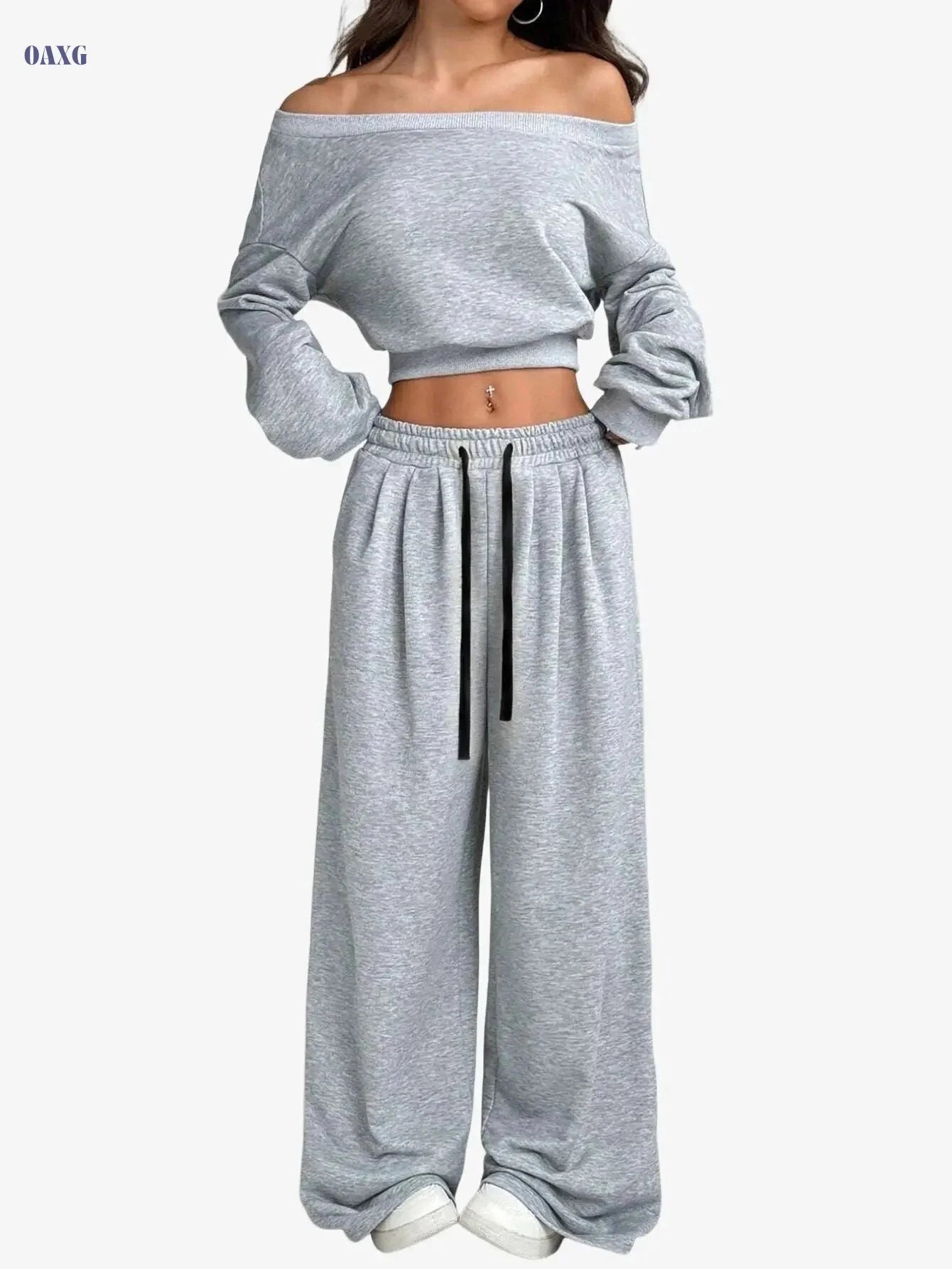 Women's Autumn Off-Shoulder Sweatshirt Set - Casual Leisure Wear   OAXG Grey / S