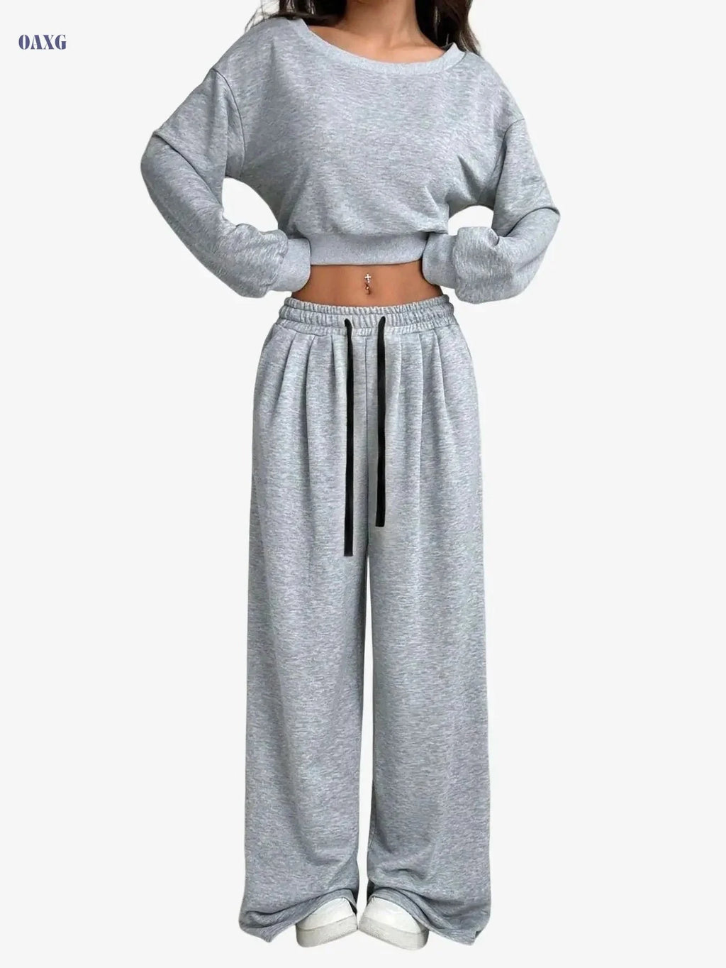 Women's Autumn Off-Shoulder Sweatshirt Set - Casual Leisure Wear   OAXG Grey / S